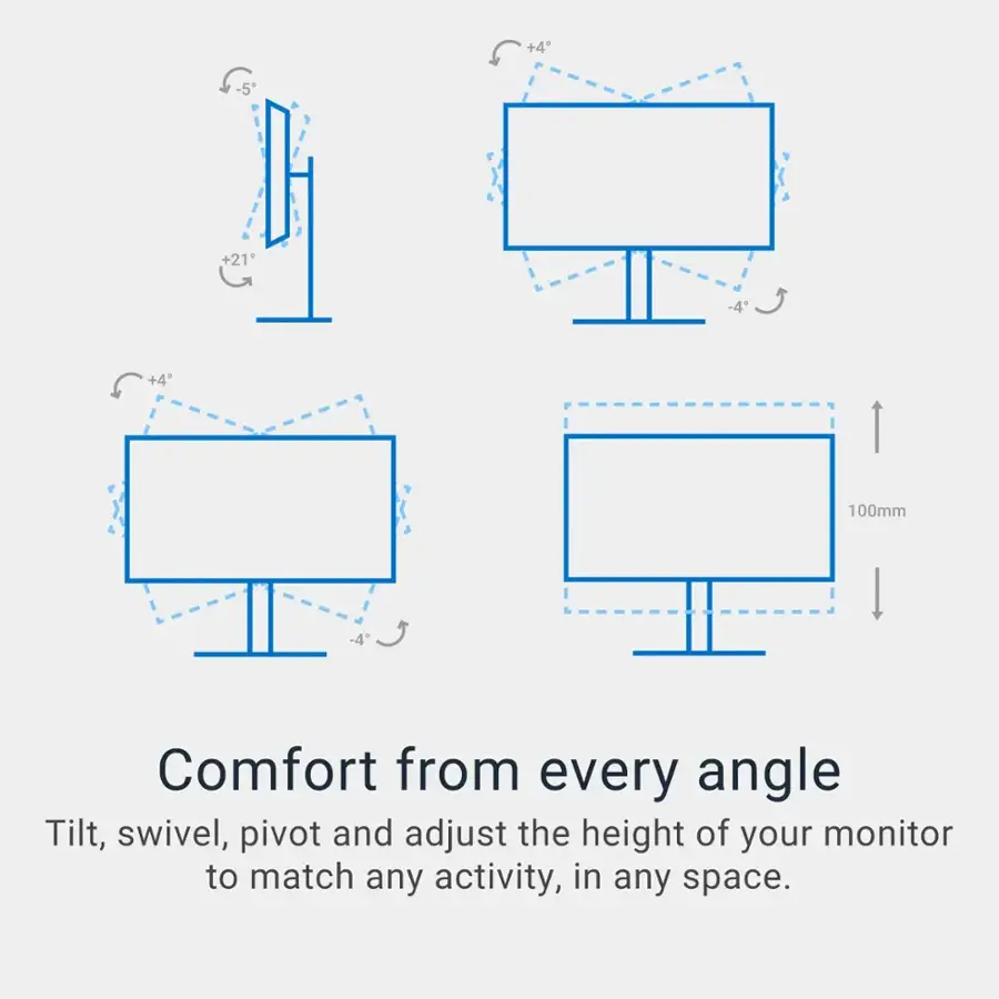 Comfort from every angle: Tilt, swivel, pivot and adjust the height of your monitor to match any activity, in any space.