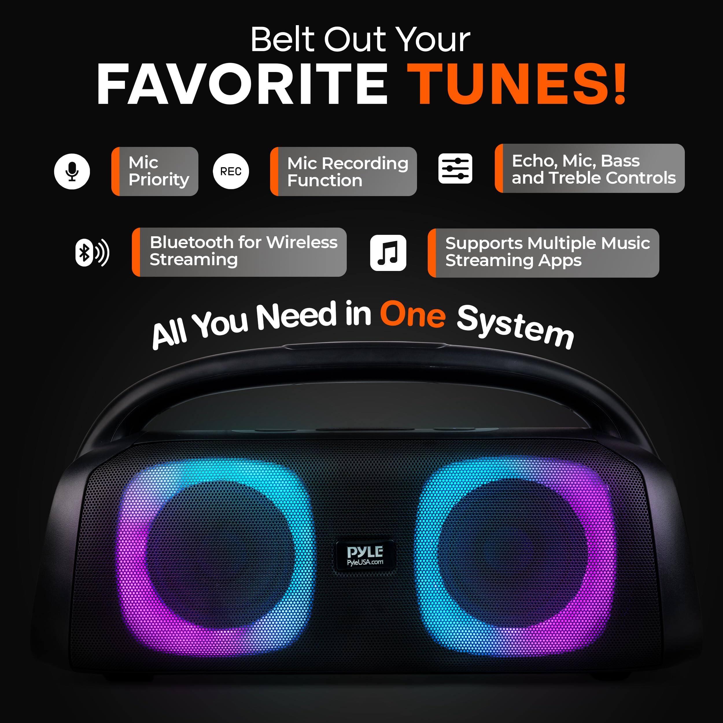 Belt Out Your FAVORITE TUNES! Mic Priority REC Mic Recording Function Echo, Mic, Bass and Treble Controls Bluetooth for Wireless Streaming Supports Multiple Music Streaming Apps All You Need in One System PYLE PyleLSA.com