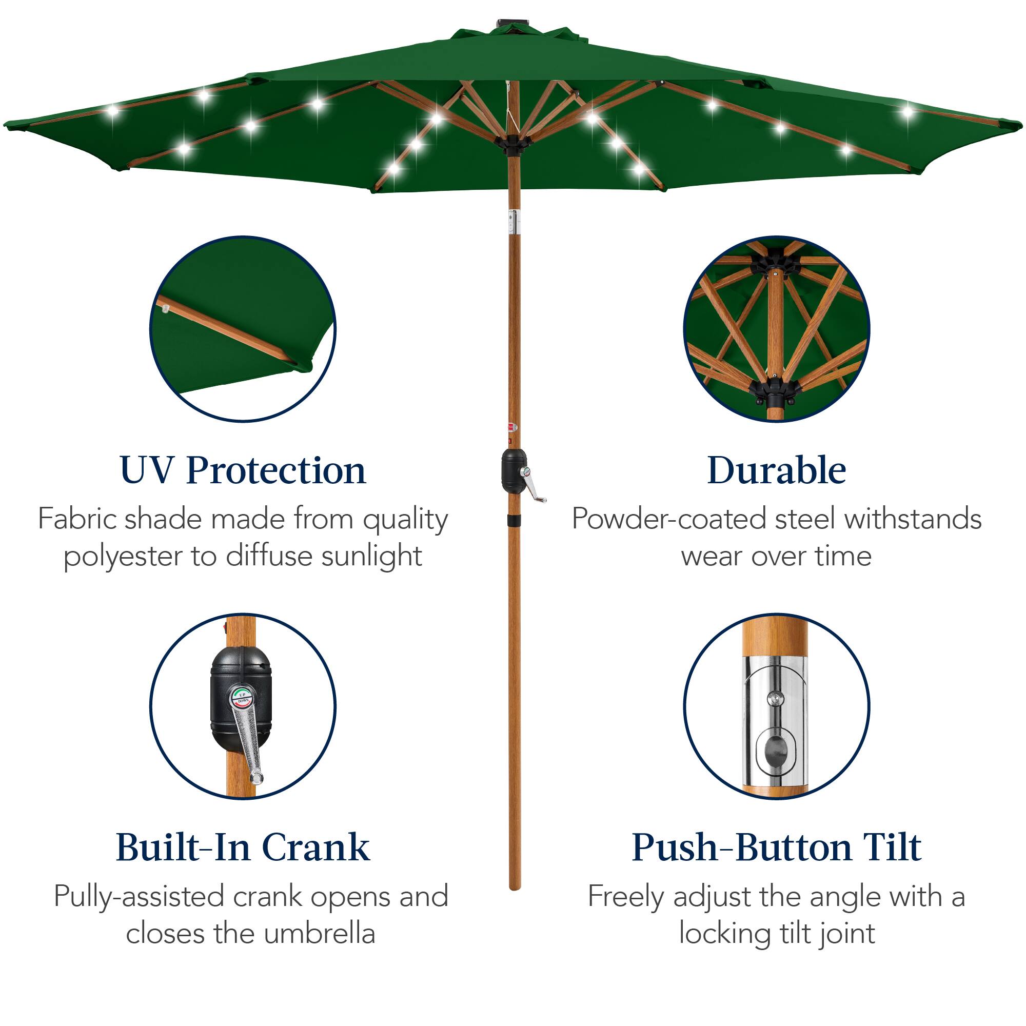 UV Protection: Fabric shade made from quality polyester to diffuse sunlight.

Durable: Powder-coated steel withstands wear over time.

Built-In Crank: Pulley-assisted crank opens and closes the umbrella.

Push-Button Tilt: Freely adjust the angle with a locking tilt joint.