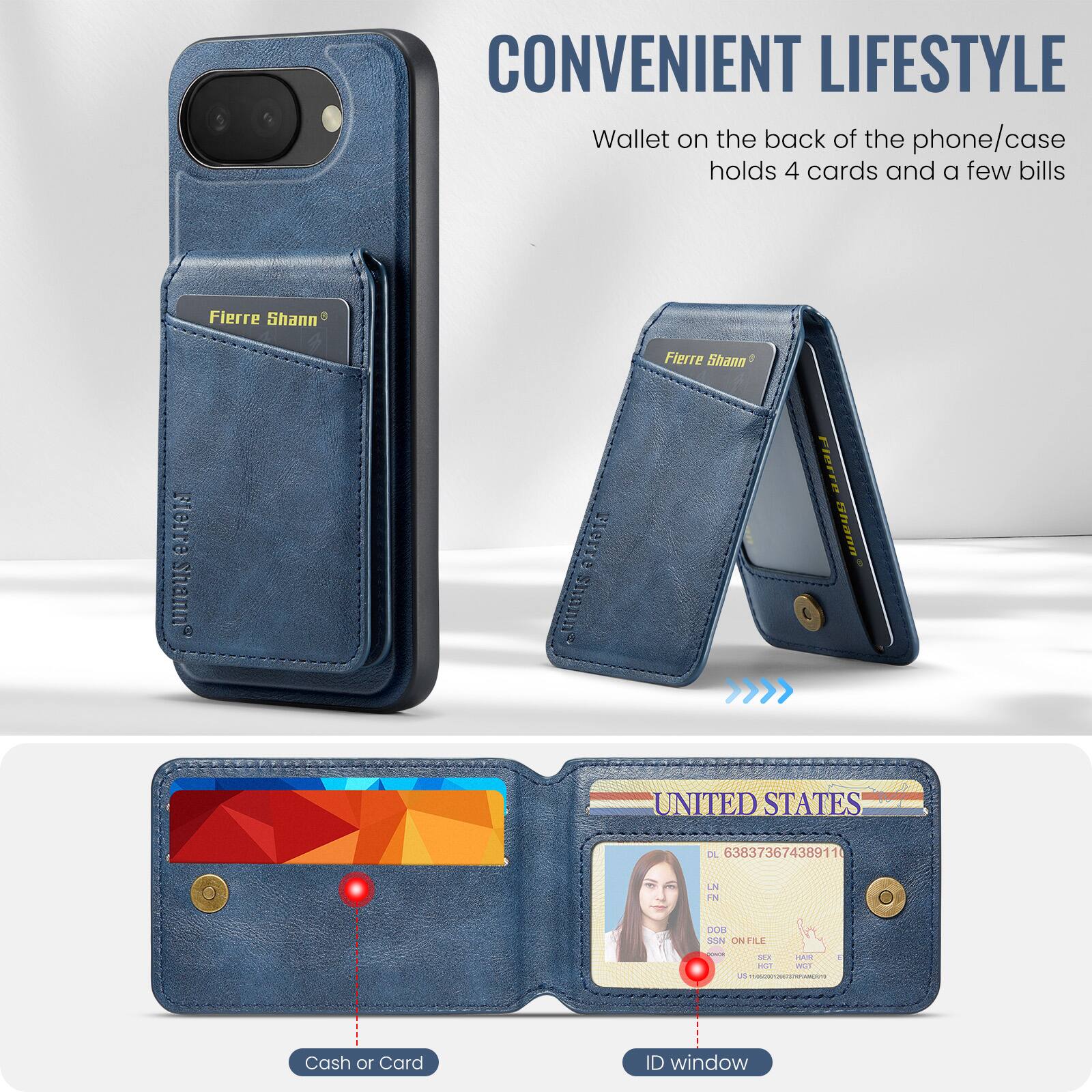 CONVENIENT LIFESTYLE  
Wallet on the back of the phone/case holds 4 cards and a few bills  

Fierre Shann  

UNITED STATES  
DL 63837367438911  
LN  
Fis  
ON FILE  
SSN  
HOT  
WOT  
US 12345678901234567890  

Cash or Card  
ID window