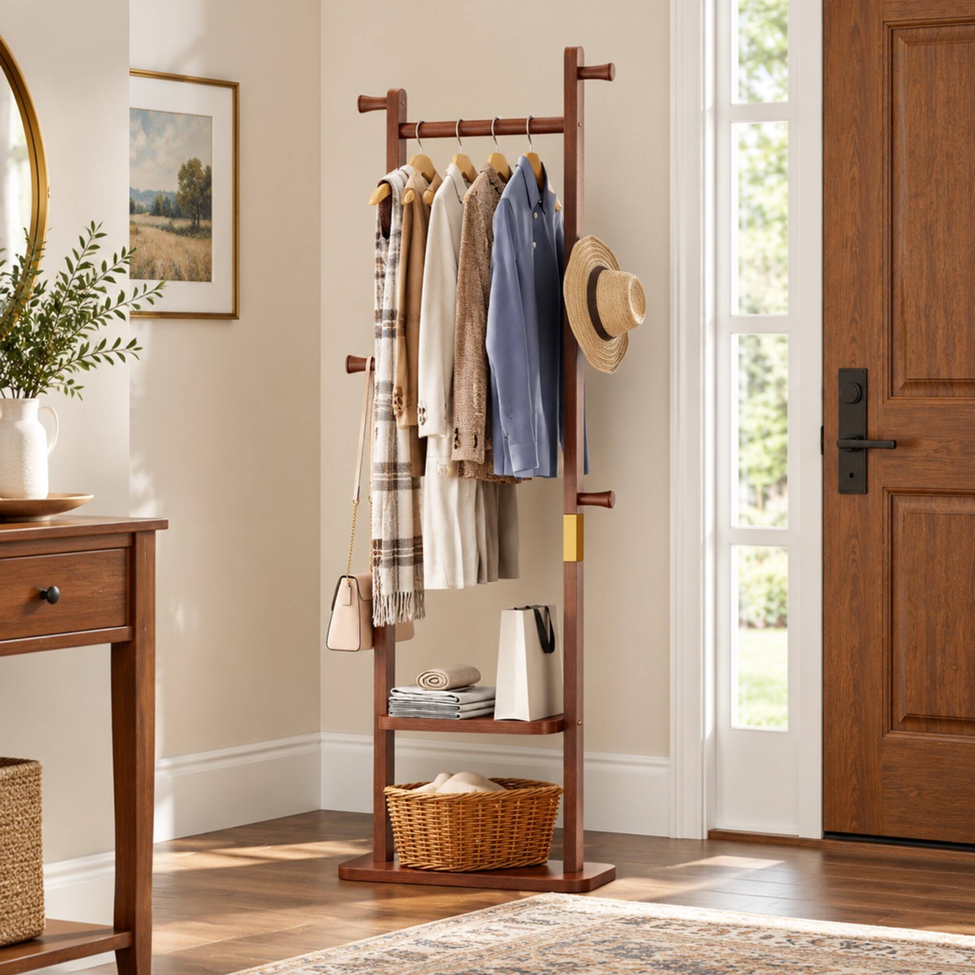 Back. RYHNUYNE - Solid Wood Coat Rack, 23.6 x 11 x 70.8 in, Walnut Finish, Free Standing Hall Tree for Entryway - Walnut.