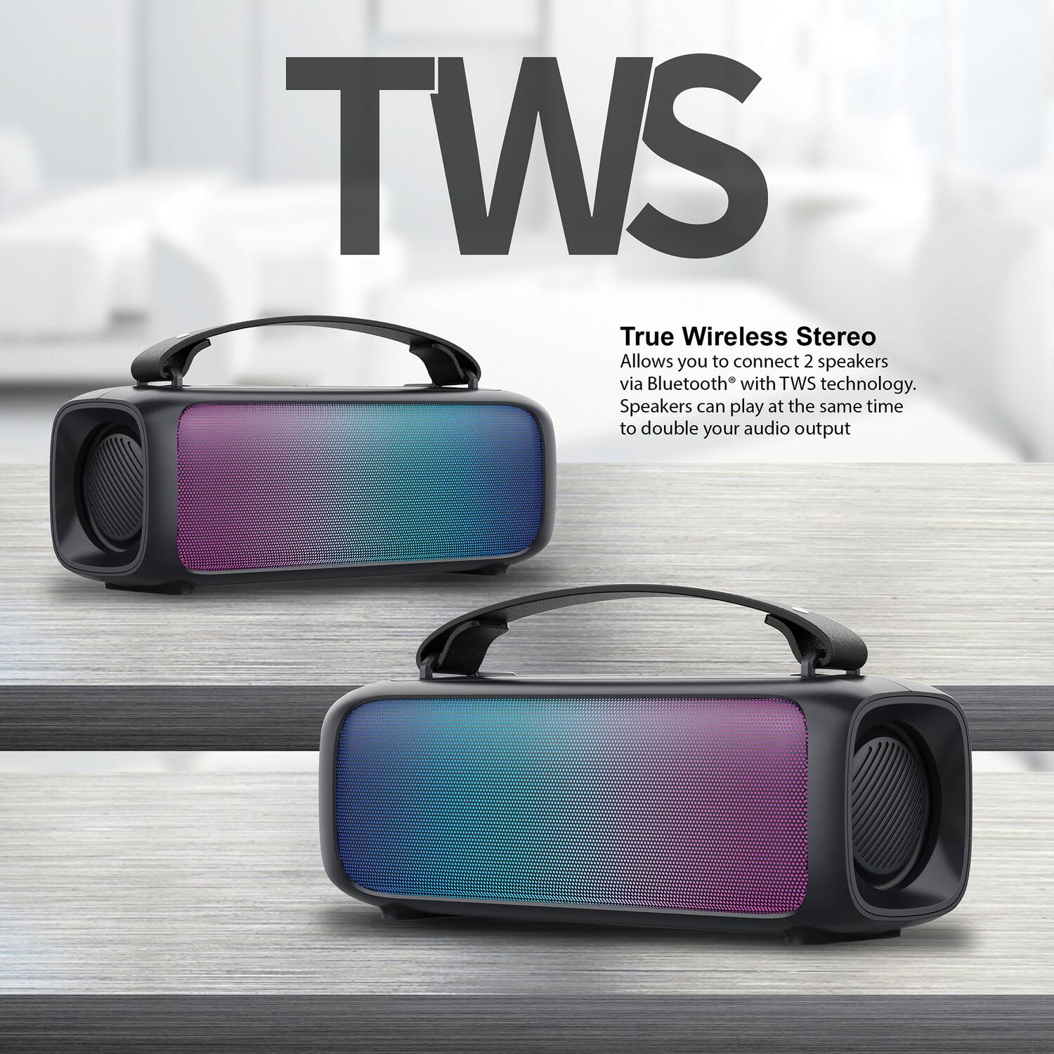 TWS

True Wireless Stereo

Allows you to connect 2 speakers via Bluetooth® with TWS technology. Speakers can play at the same time to double your audio output