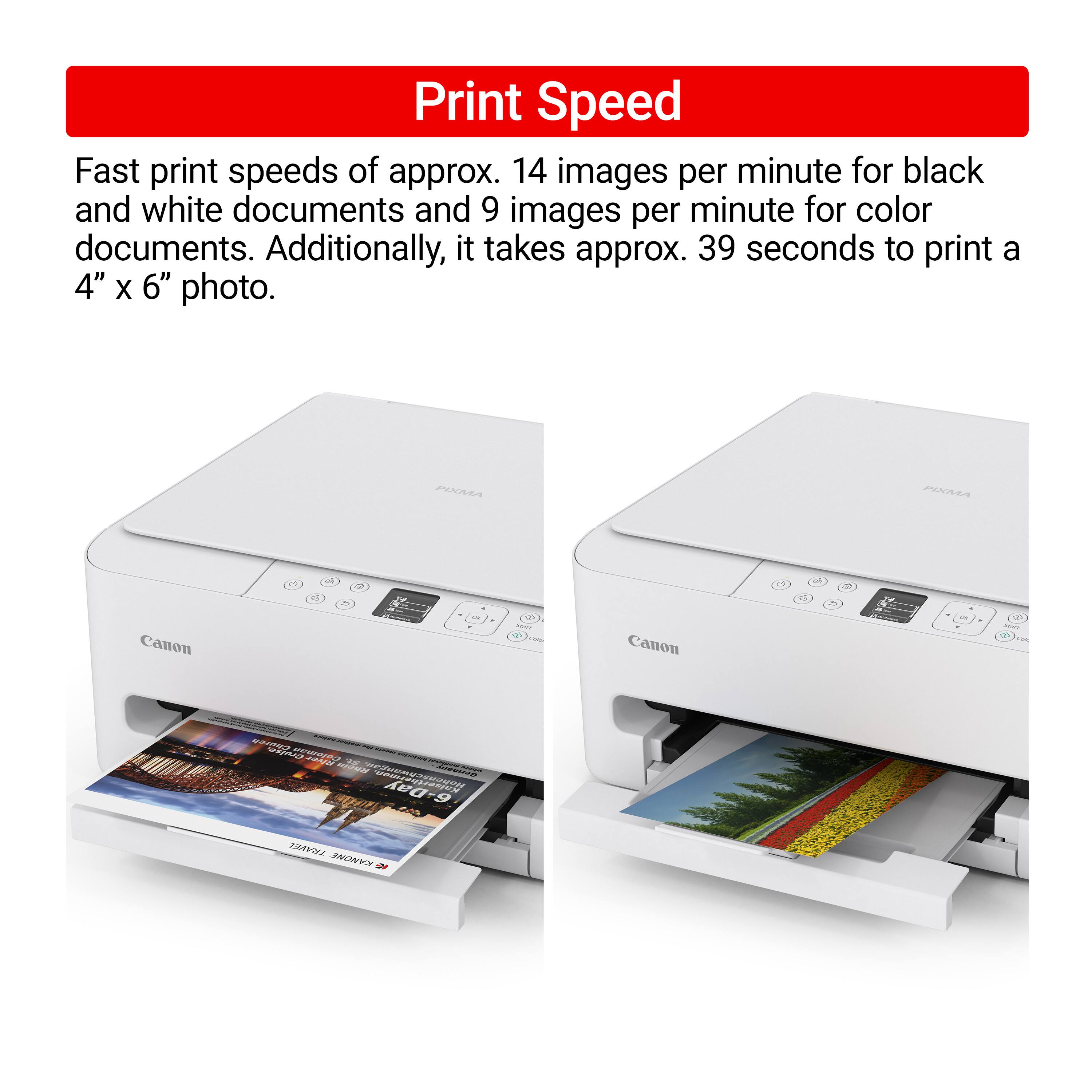 Print Speed

Fast print speeds of approx. 14 images per minute for black and white documents and 9 images per minute for color documents. Additionally, it takes approx. 39 seconds to print a 4" x 6" photo.