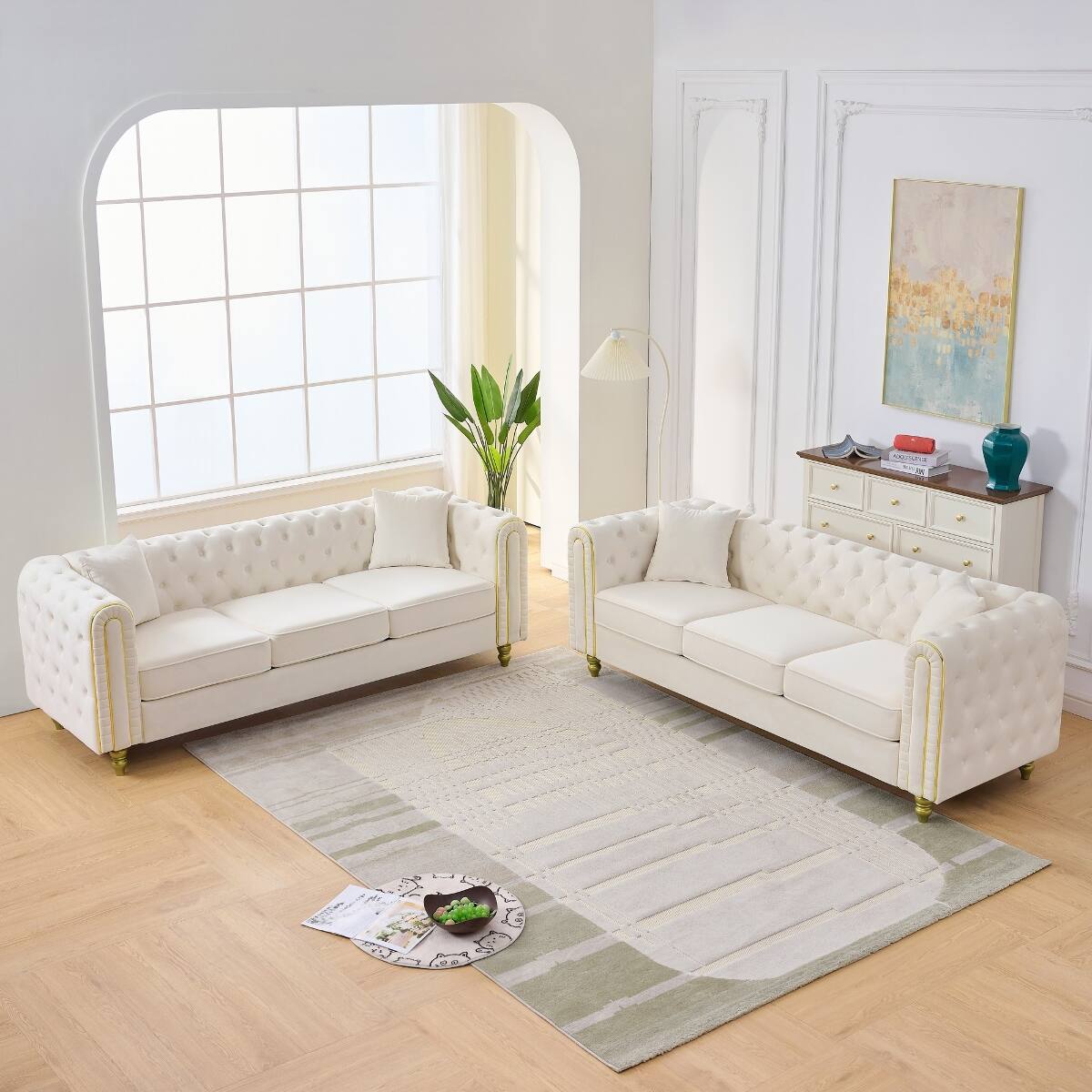 Angle. Ropilly - Ropilly Beige Velvet Sofa Set Chesterfield Loveseat Style with Button Tufting Gold Legs for 6 Seat Living Room - Beige.