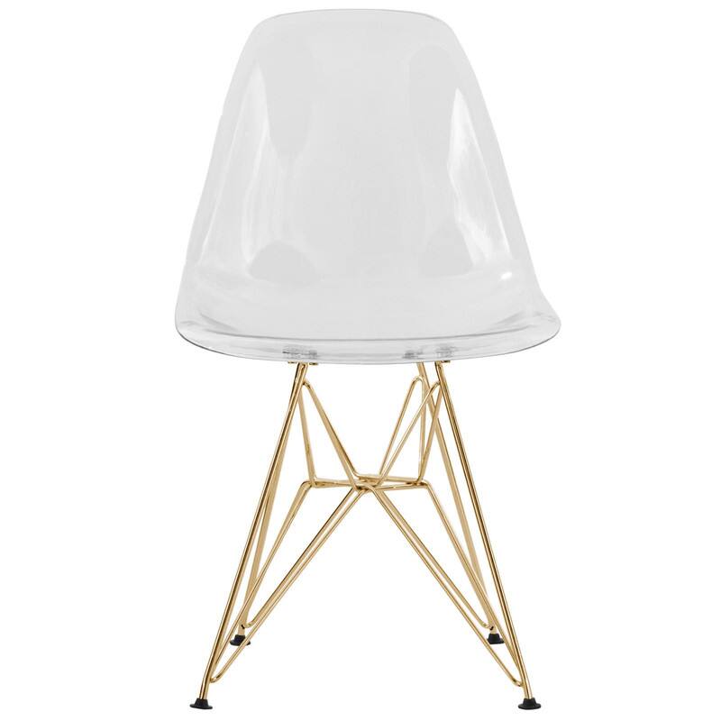 Left. LeisureMod - Cresco Modern Acrylic Dining Chair with Ergonomic Seat and Gold Steel Base - Clear.