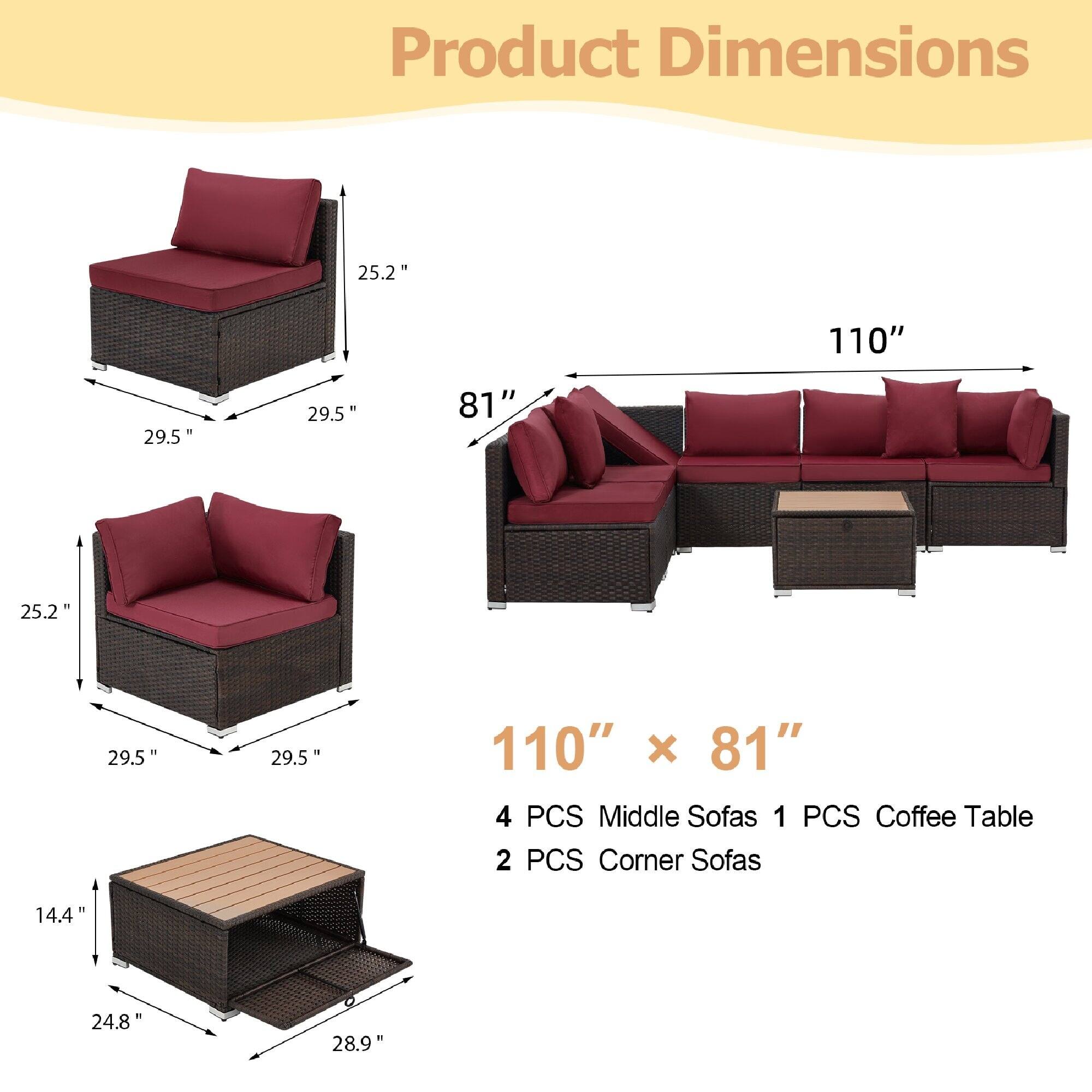 Product Dimensions

110" x 81"

4 PCS Middle Sofas  
1 PCS Coffee Table  
2 PCS Corner Sofas

- Middle Sofas: 25.2" x 29.5" x 29.5"
- Corner Sofas: 25.2" x 29.5" x 29.5"
- Coffee Table: 14.4" x 24.8" x 28.9"