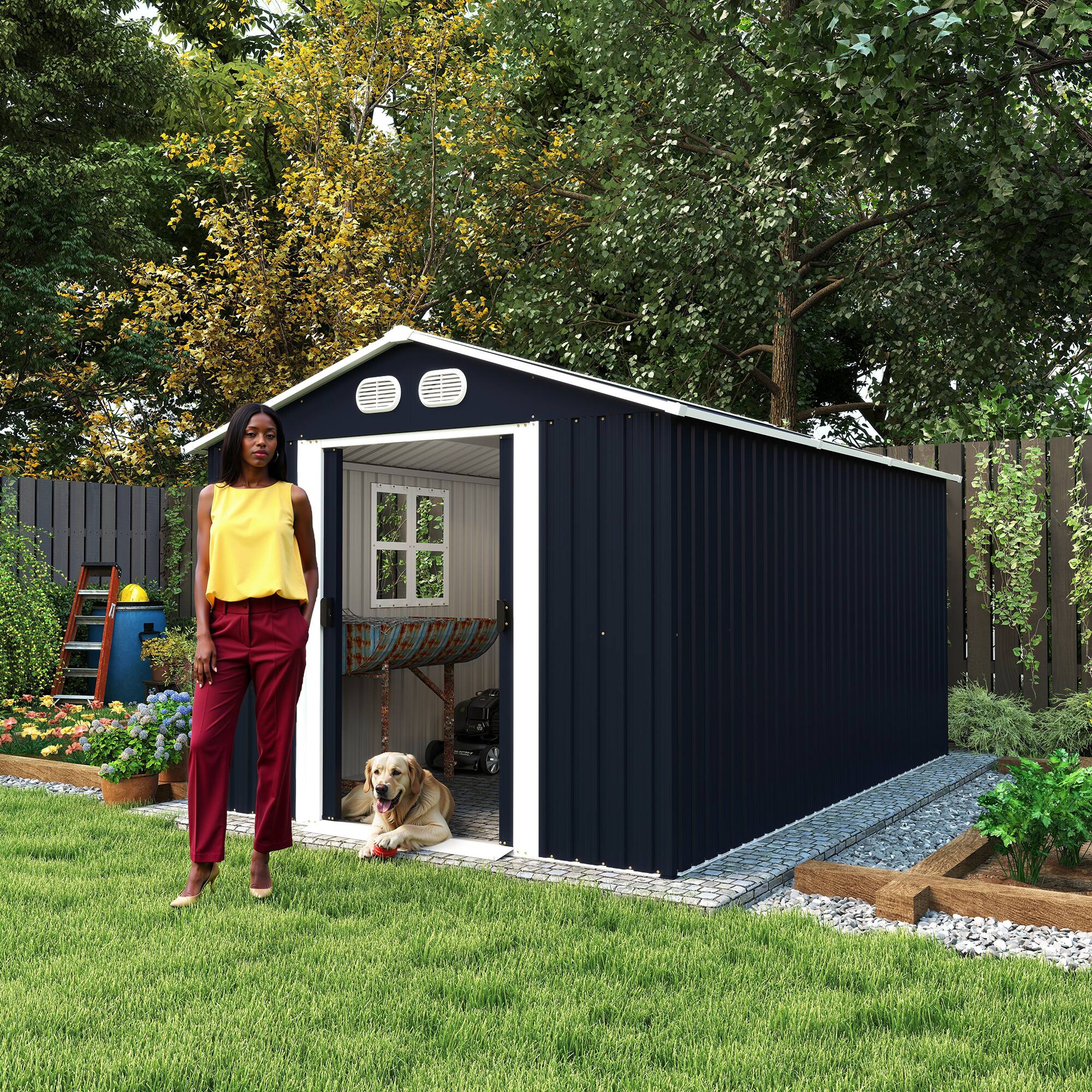Alt View 2. Anysun - 8x12ft Metal Storage Shed with Lockable Door & Ventilation, Heavy-Duty Outdoor Garden Tool Shed for Backyard or Lawn - Dark Gray.
