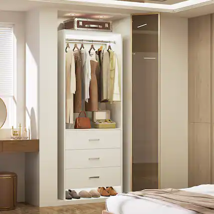 Front. Aheaplus - 2FT Closet System with 3 Drawers and Hanging Rod, Small Freestanding Closet Organizer for Bedroom, Closet - White.