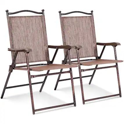 Front. Costway - Costway Set of 2 Patio Folding Sling Back Chairs Camping Deck Garden Beach - Brown.