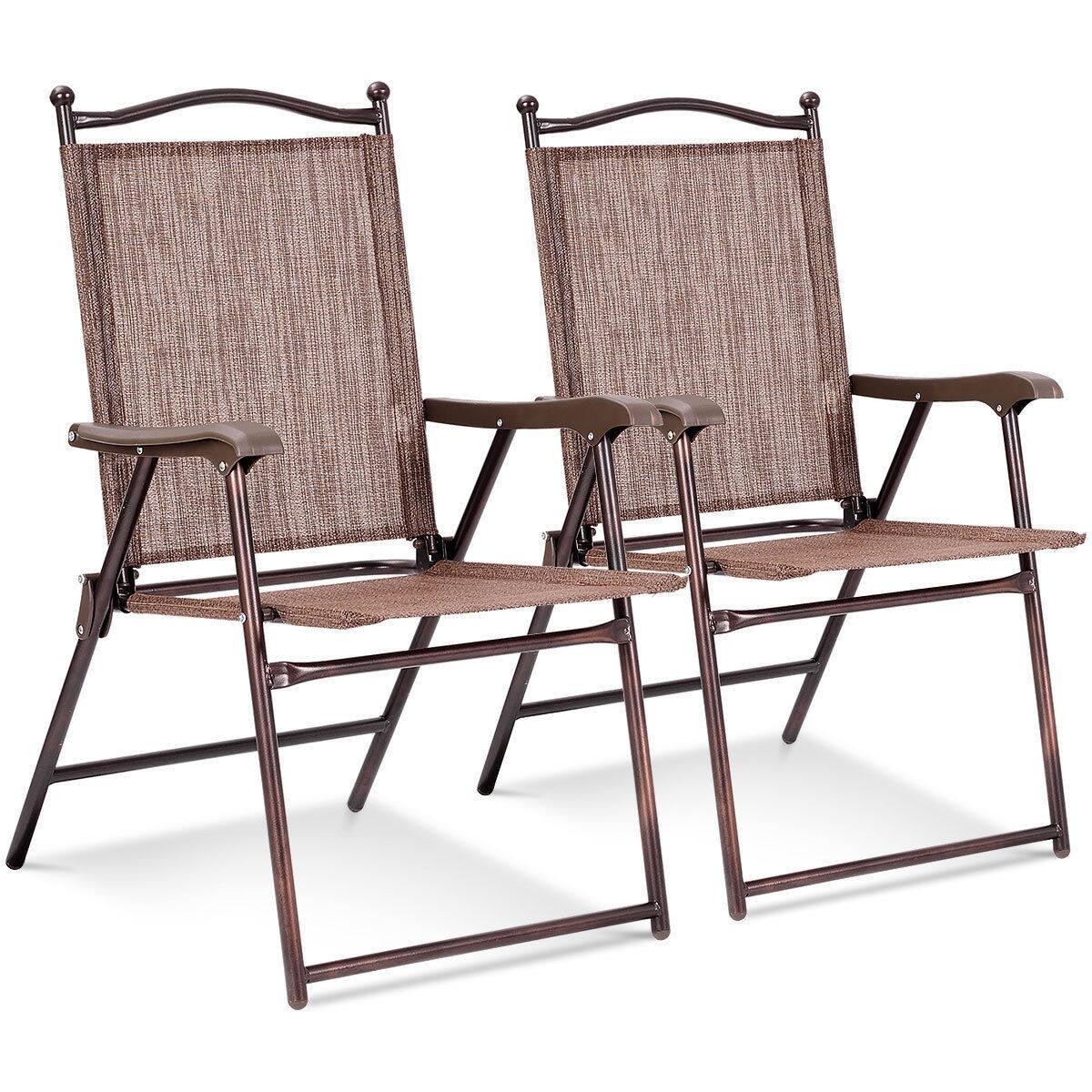 Front. Costway - Costway Set of 2 Patio Folding Sling Back Chairs Camping Deck Garden Beach - Brown.