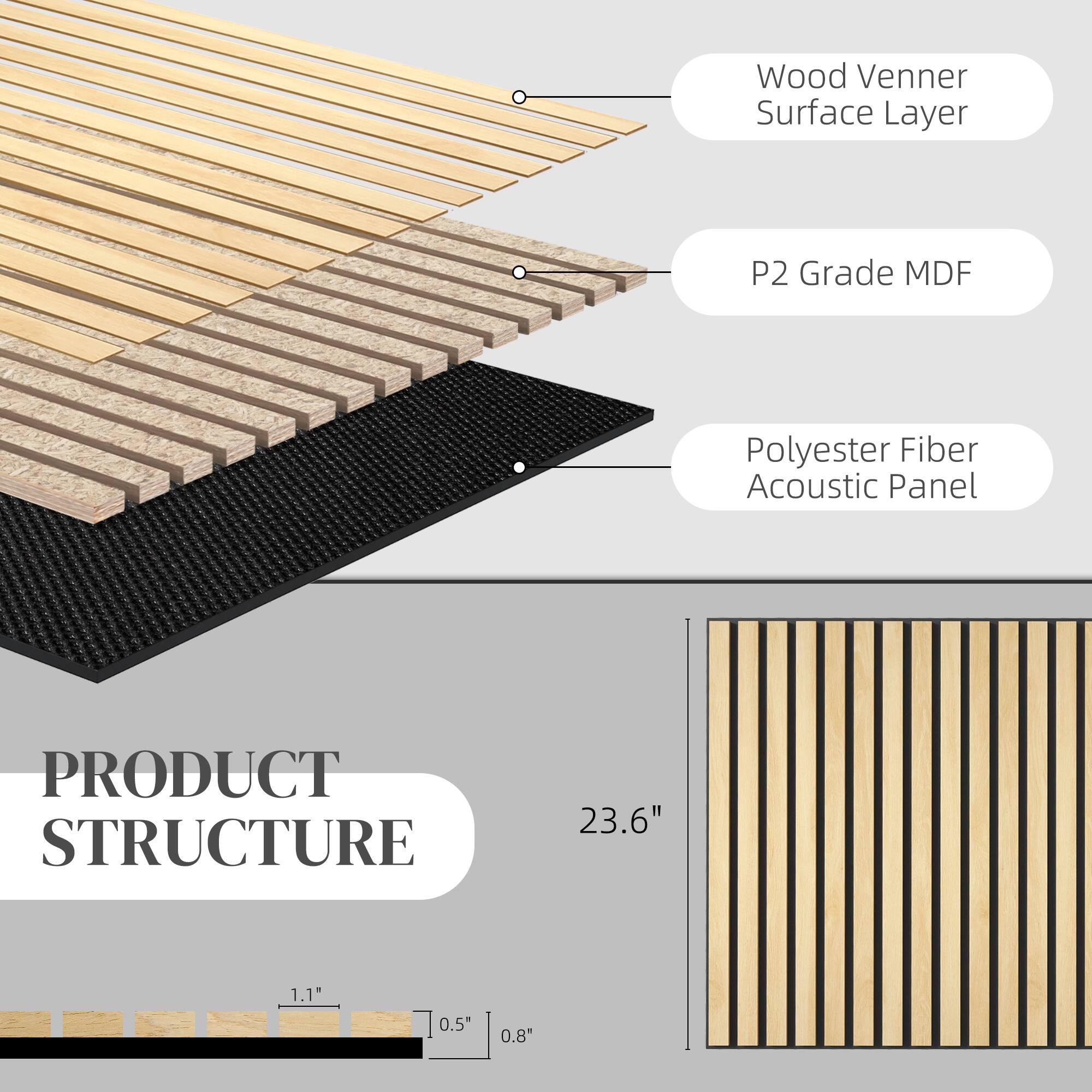 Wood Veneer Surface Layer  
P2 Grade MDF  
Polyester Fiber Acoustic Panel  

PRODUCT STRUCTURE  
23.6"  
1.1"  
0.5"  
0.8"