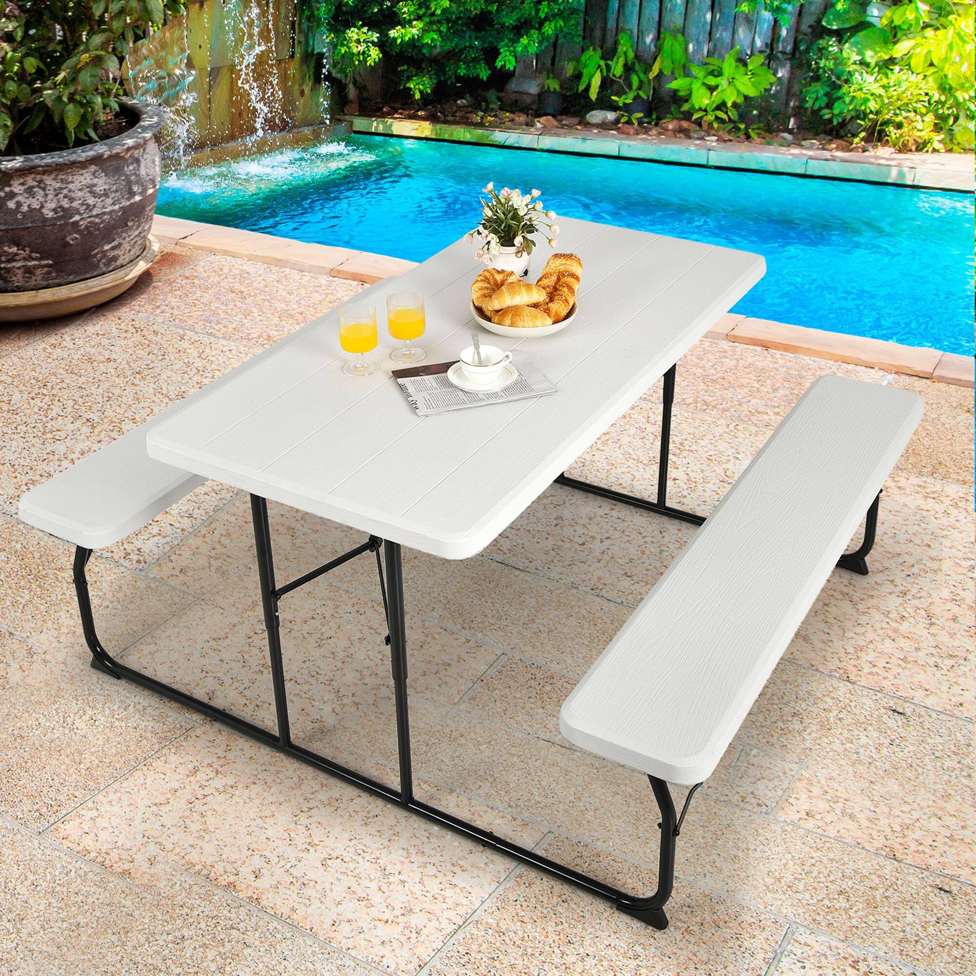 Alt View 2. Gymax - Gymax Folding Picnic Table & Bench Set for Camping BBQ w/ Steel Frame White - White.