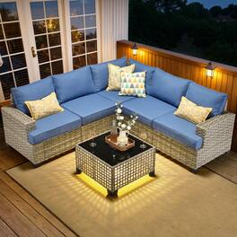 Ovios - 6 PCS Patio Sectional Furniture, Rattan Wicker Conversation Couch Set with Coffee Table - Diamond Blue