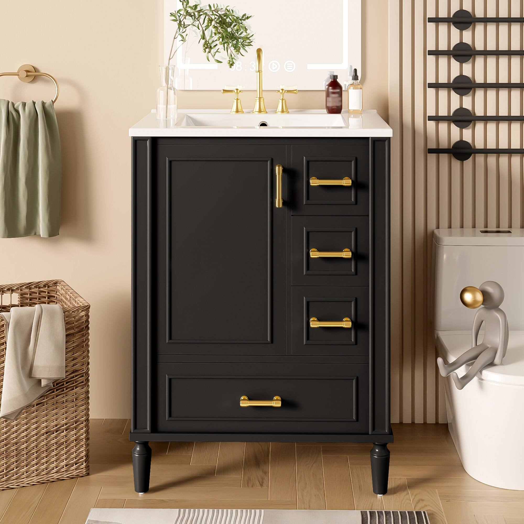 Alt View 2. Ecooso - 24" Bathroom Vanity with Ceramic Sink, 3 Drawers, Soft-Close Door, Door-Mounted Rack, Freestanding Cabinet - Black.