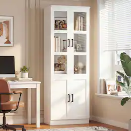 Aheaplus - 79.7'' Tall Freestanding Bookcase with Glass Doors and Adjustable Shelves - White