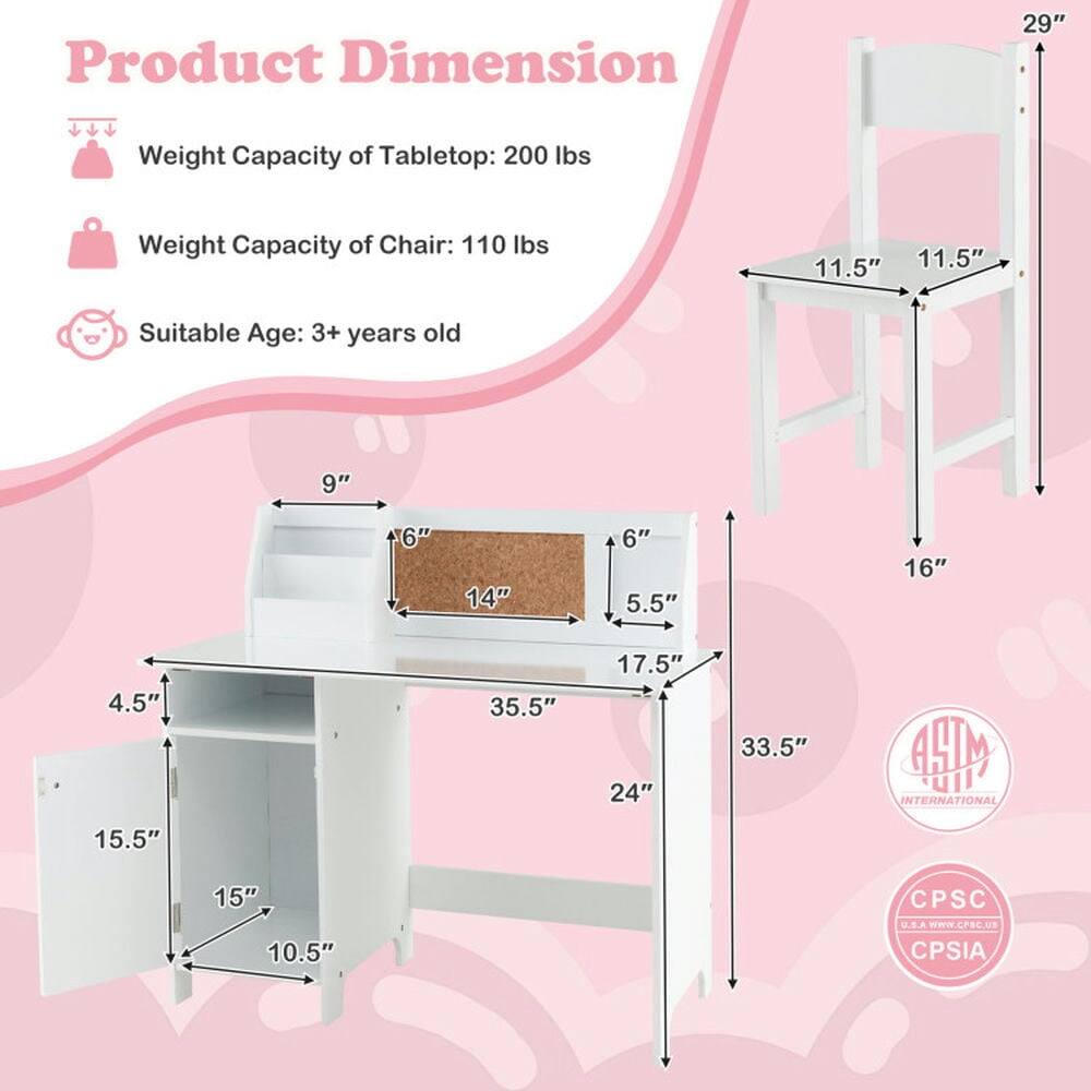 Product Dimension  
Weight Capacity of Tabletop: 200 lbs  
Weight Capacity of Chair: 110 lbs  
Suitable Age: 3+ years old  

Dimensions:  
- Tabletop: 35.5" W x 17.5" D x 16" H  
- Chair: 11.5" W x 11.5" D x 29" H  
- Shelf: 15.5" W x 15" D x 10.5" H  
- Drawer: 9" W x 6" D x 4.5" H  

HM INTERNATIONAL  
CPSC U.S.A  
CPSIA  
www.CPSC.us