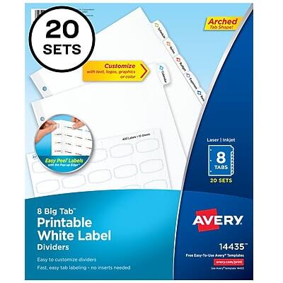 20 SETS  
Arched Tab Shape  
Customize with text, logos, graphics, or color  
Easy Peel Labels  
Laser Inkjet  
8 TABS  
20 SETS  
8 Big Tab Printable White Label Dividers  
Easy to customize dividers  
Fast, easy tab labeling - no inserts needed  
AVERY  
14435  
Free Entry-To-Use Avery Templates  
www.avery.com/templates