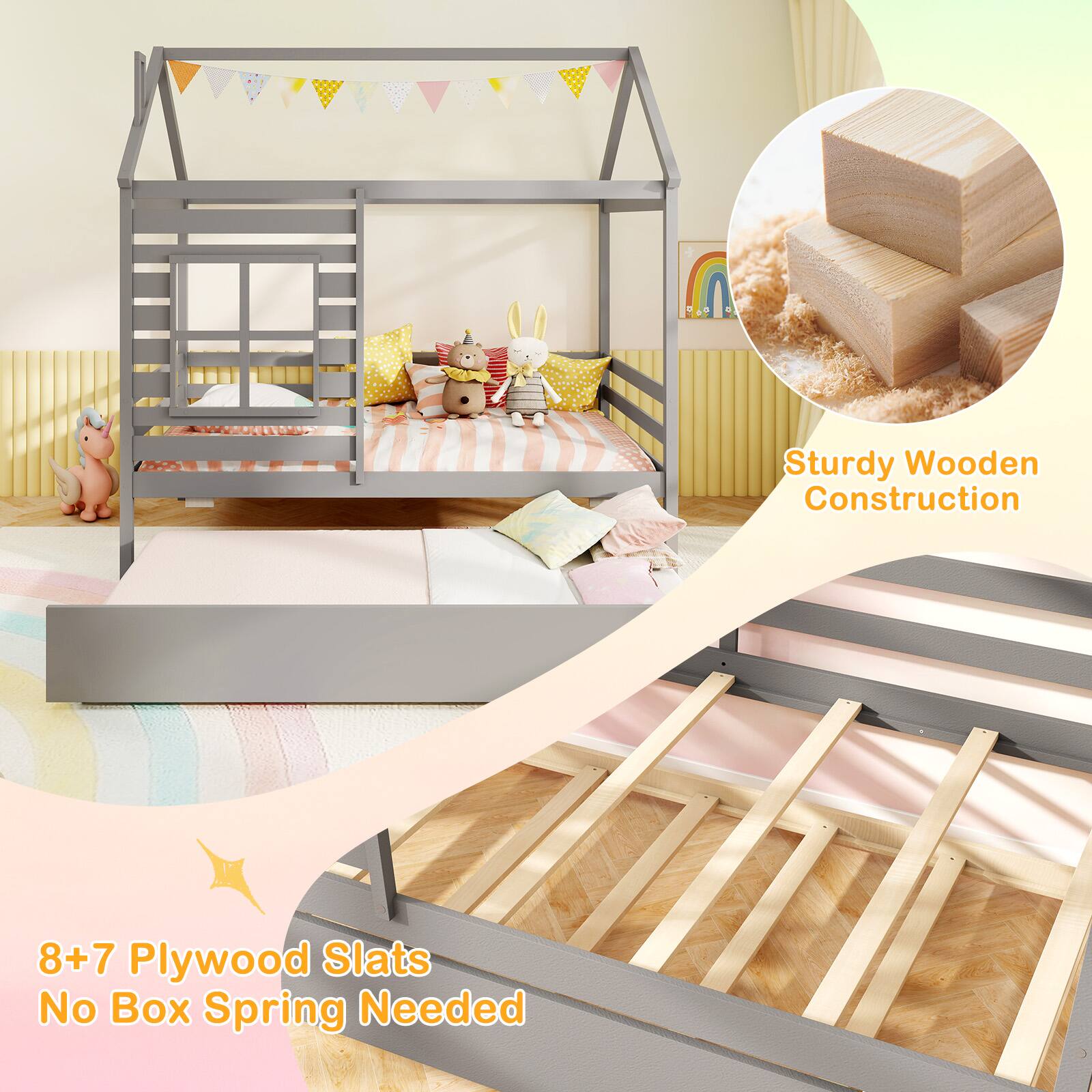 Sturdy Wooden Construction, 8+7 Plywood Slats, No Box Spring Needed