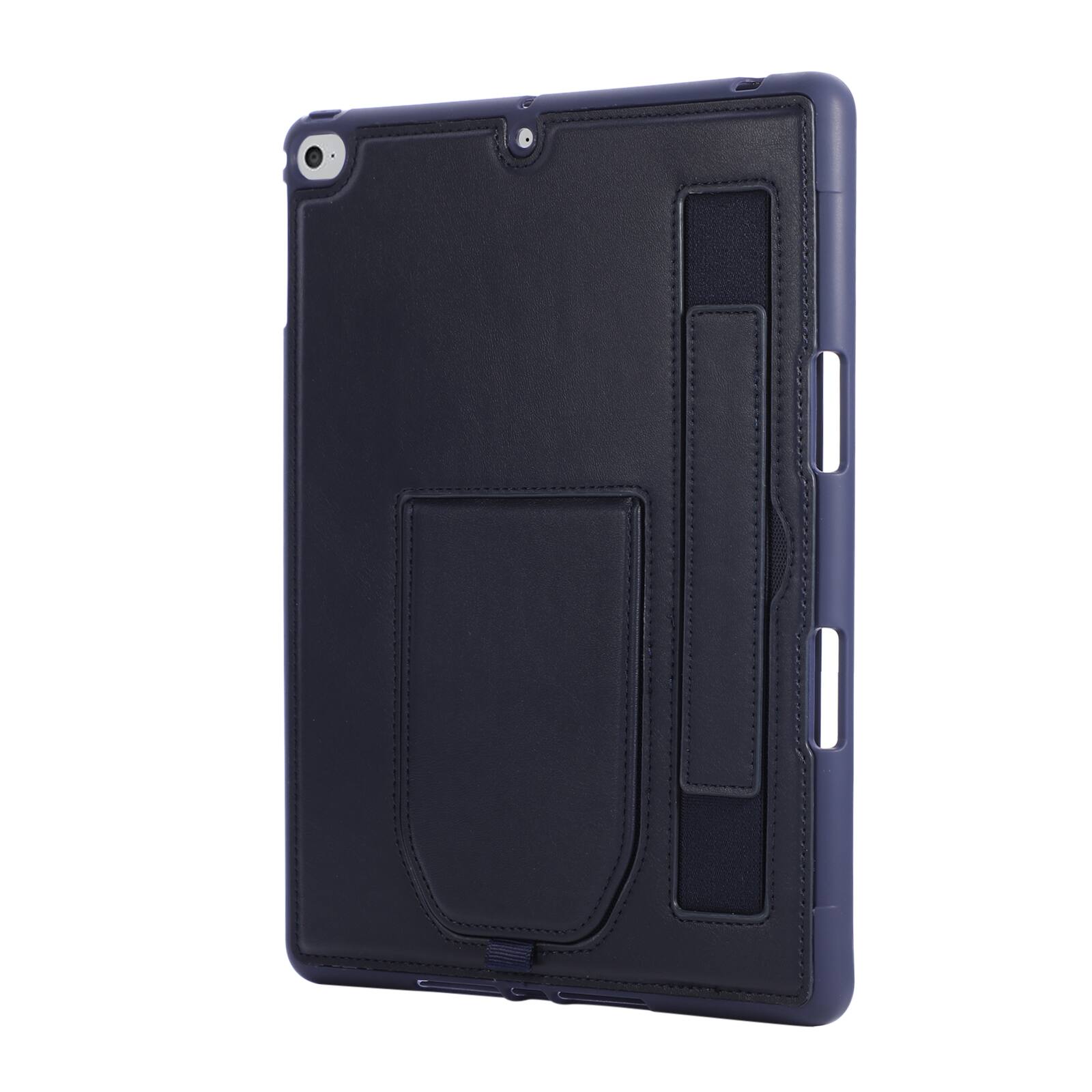 Angle. Dteck - Shockproof Case for Apple iPad (6th Generation) 9.7" 2018 with Hand Strap and Kickstand, PU Leather TPU Protective Cover - Blue.