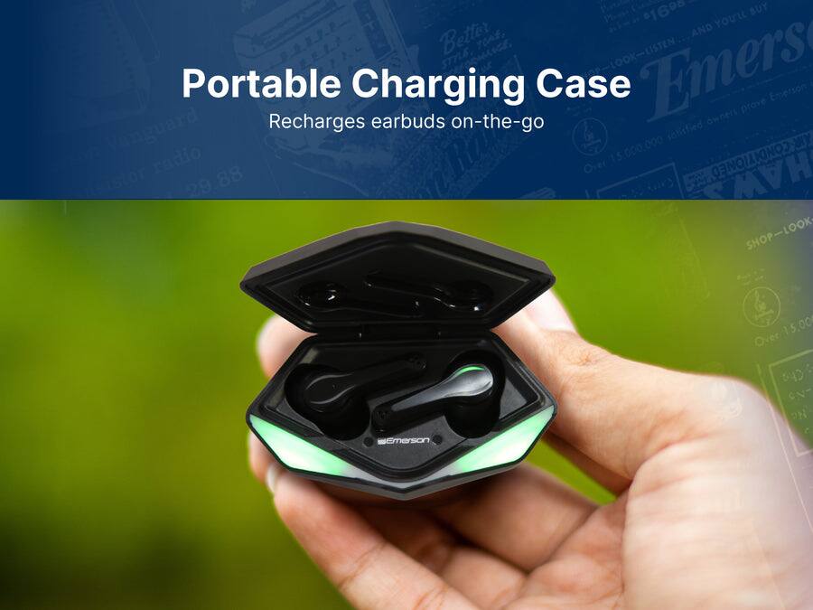 Portable Charging Case  
Recharges earbuds on-the-go  

Emerson  
Over 15,000,000 satisfied customers  

BUY AND YOU'LL SEE  
LOOK-LISTEN  
SHOP-LOOK