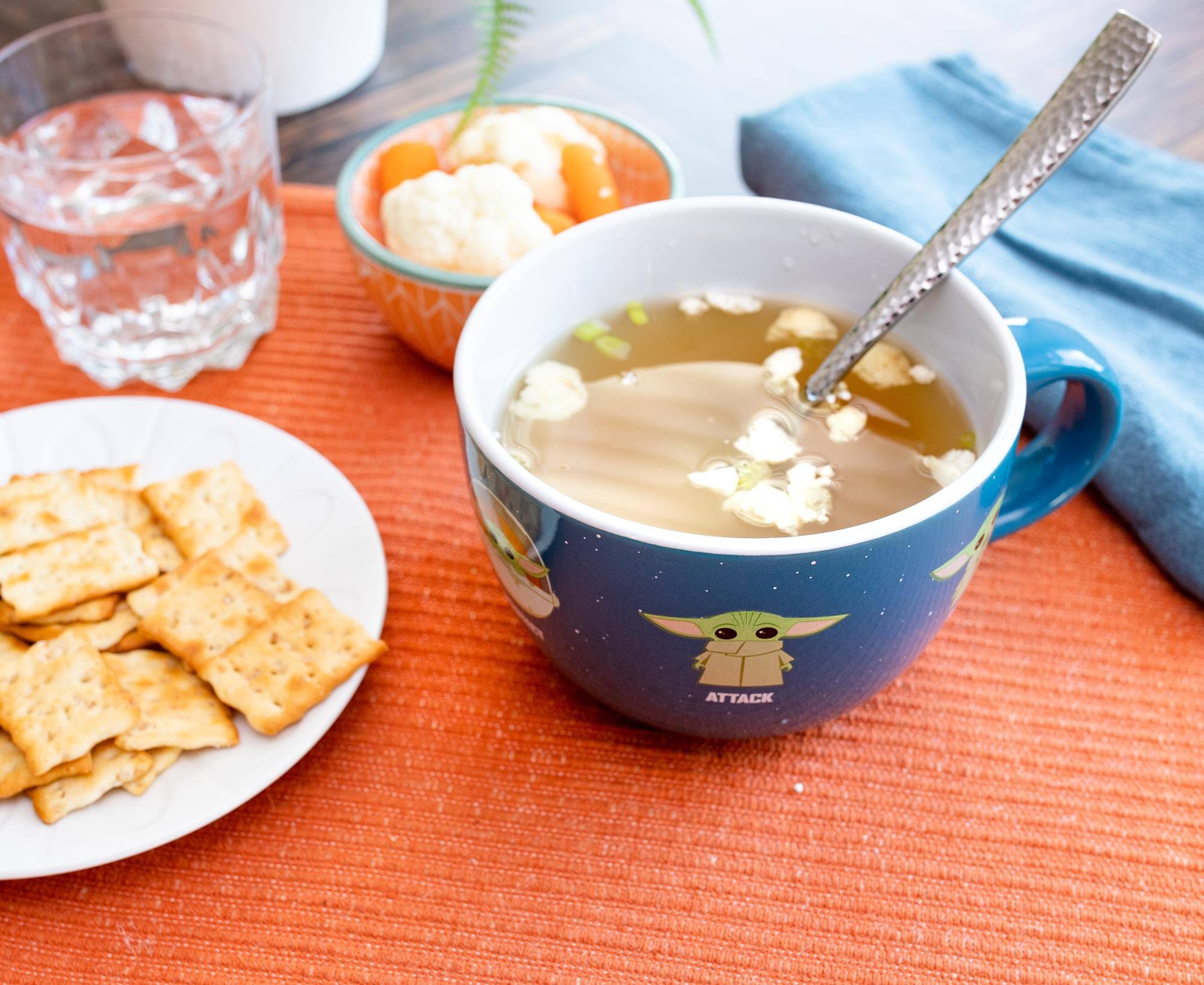 Alt View 2. Silver Buffalo - Star Wars: The Mandalorian Grogu "Protect Attack Snack" Ceramic Soup Mug - Blue.