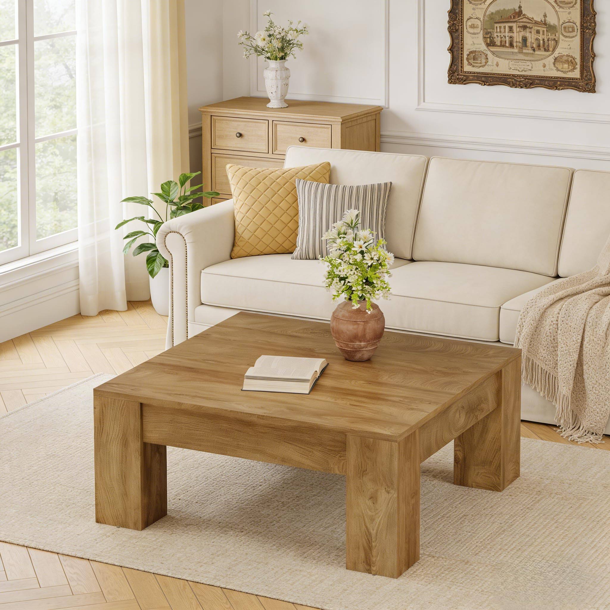 Left. Tribesigns - 39" Square Coffee Table for Living Room, Modern Farmhouse - Light Brown.