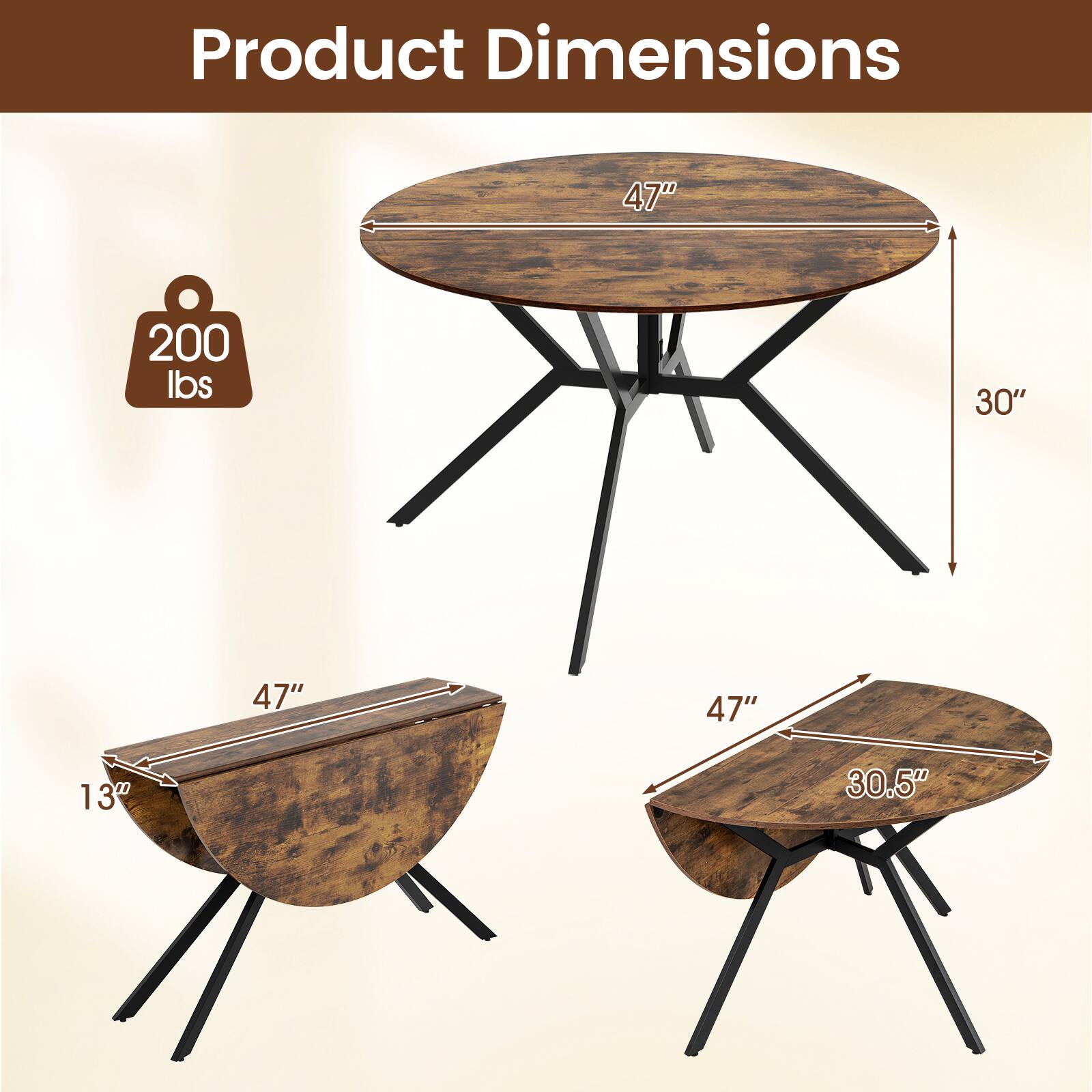 Product Dimensions
47"
200 lbs
30"
47"
47"
13"
30.5"