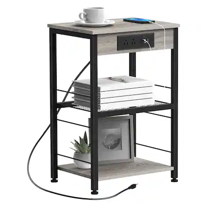 Front. Oumilen - 3-Tier End Table with Charging Station - Gray.