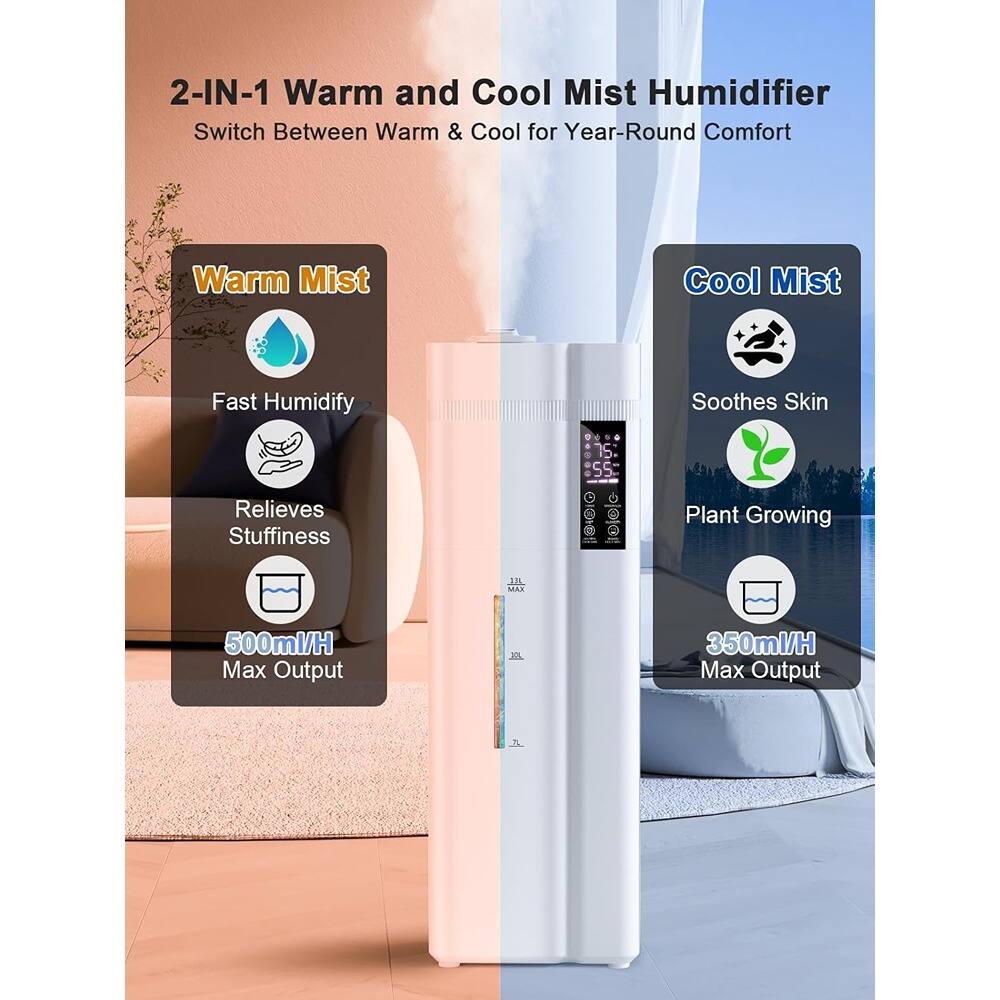 2-IN-1 Warm and Cool Mist Humidifier  
Switch Between Warm & Cool for Year-Round Comfort  

Warm Mist  
- Fast Humidify  
- Relieves Stuffiness  
- 500ml/H Max Output  

Cool Mist  
- Soothes Skin  
- Plant Growing  
- 350ml/H Max Output