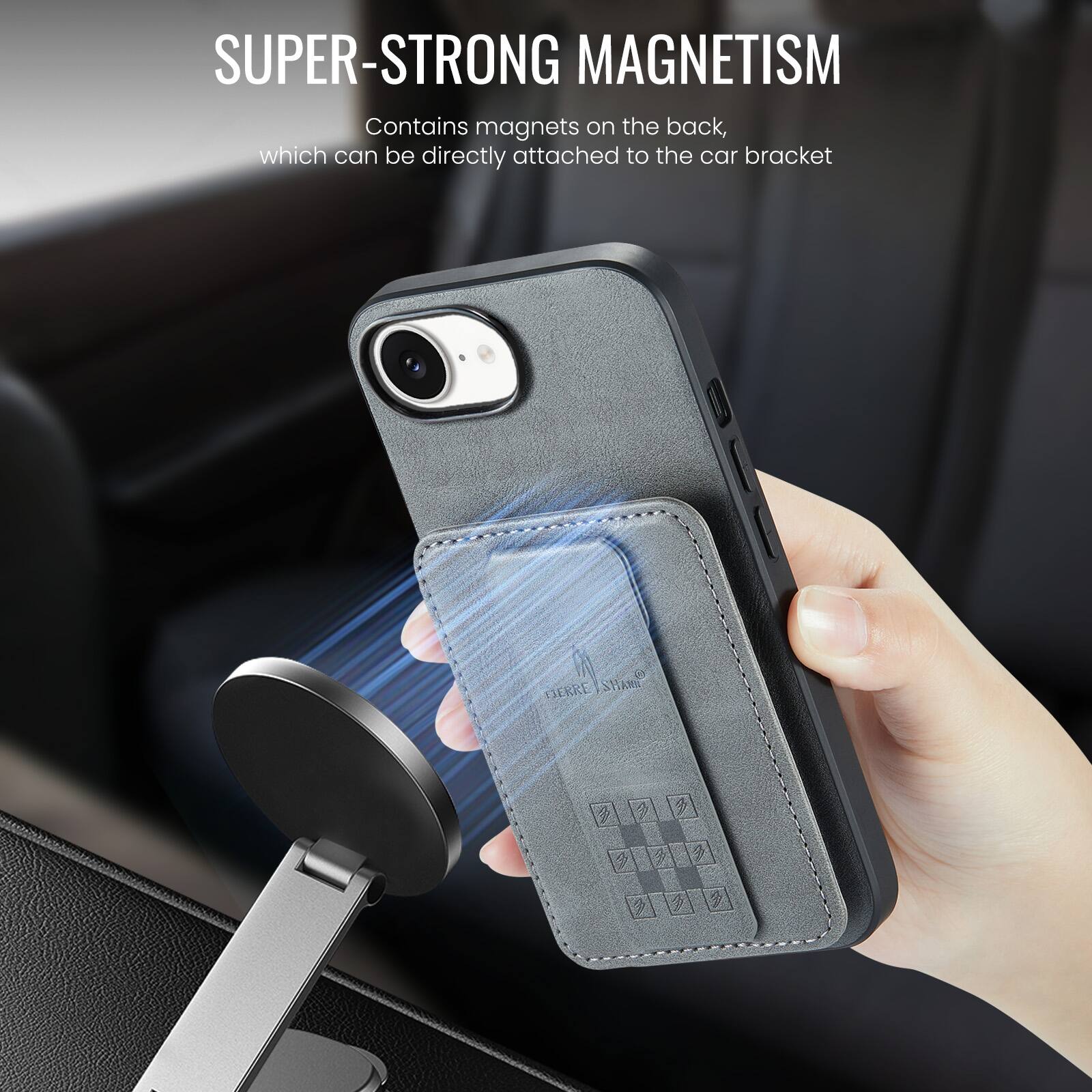 SUPER-STRONG MAGNETISM  
Contains magnets on the back, which can be directly attached to the car bracket
