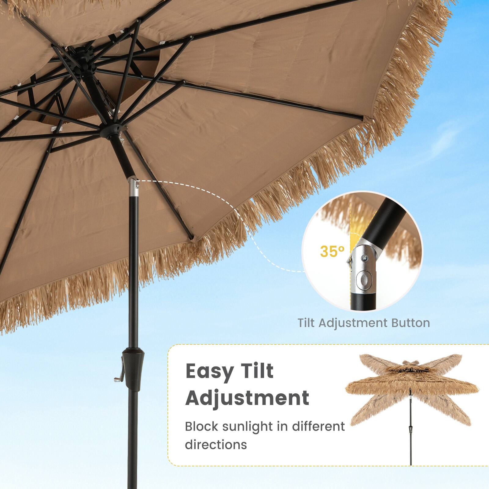Easy Tilt Adjustment, Block sunlight in different directions, 35° Tilt Adjustment Button