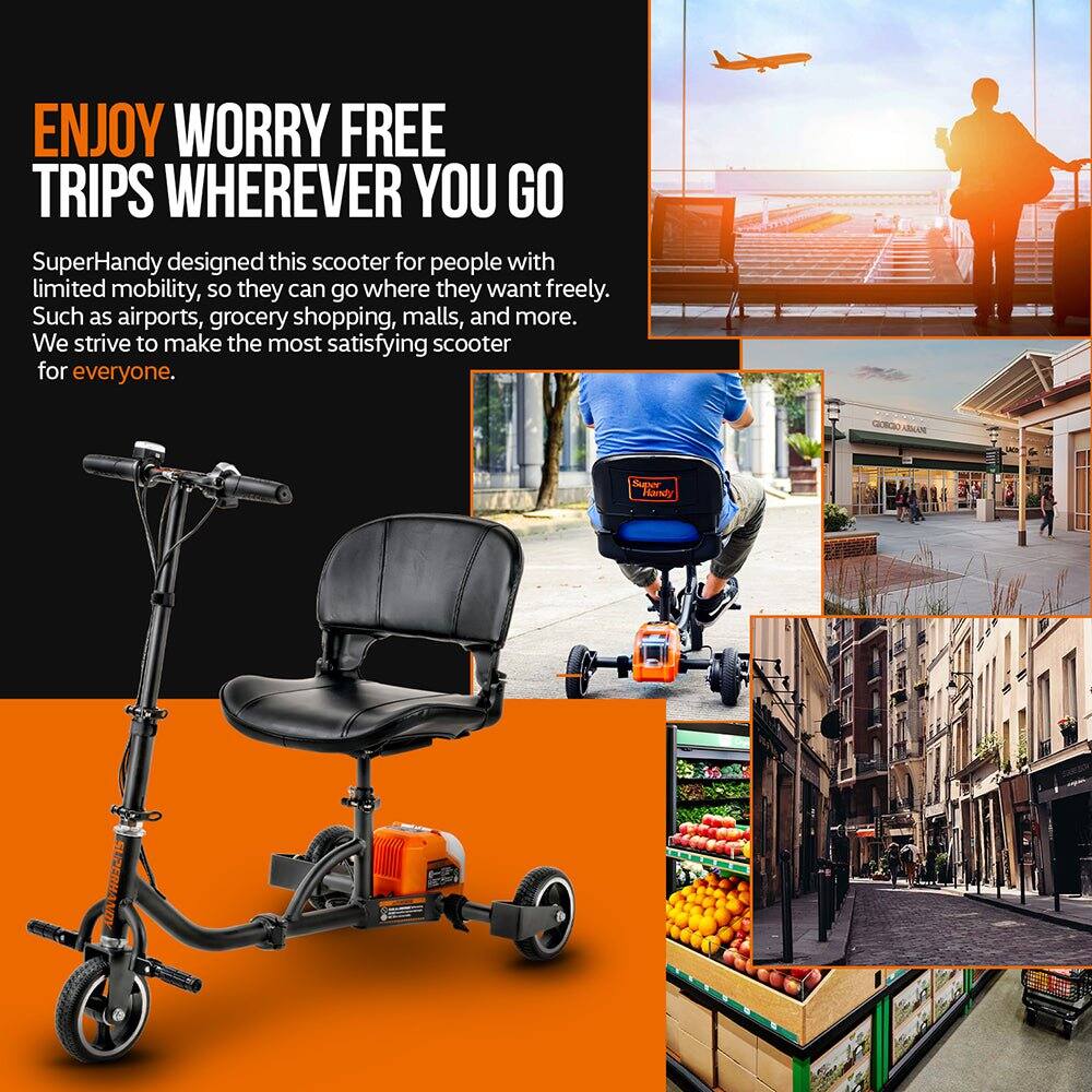 ENJOY WORRY FREE TRIPS WHEREVER YOU GO

SuperHandy designed this scooter for people with limited mobility, so they can go where they want freely. Such as airports, grocery shopping, malls, and more. We strive to make the most satisfying scooter for everyone.