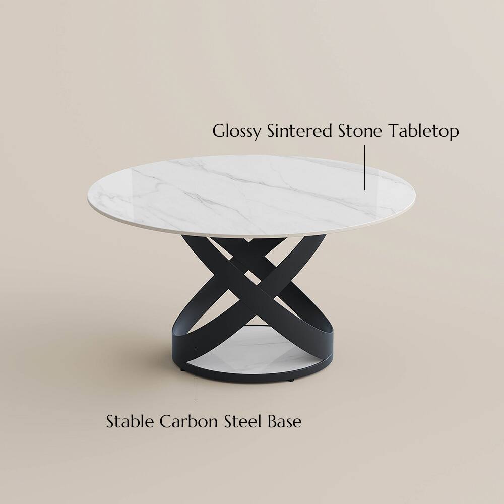 Glossy Sintered Stone Tabletop  
Stable Carbon Steel Base