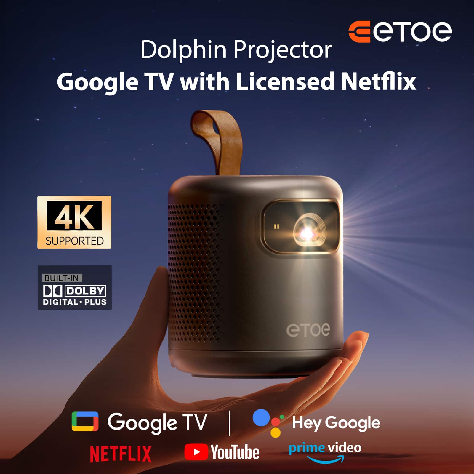 ETOE Dolphin 1080P Mini Projector with Google TV/Stand & 50