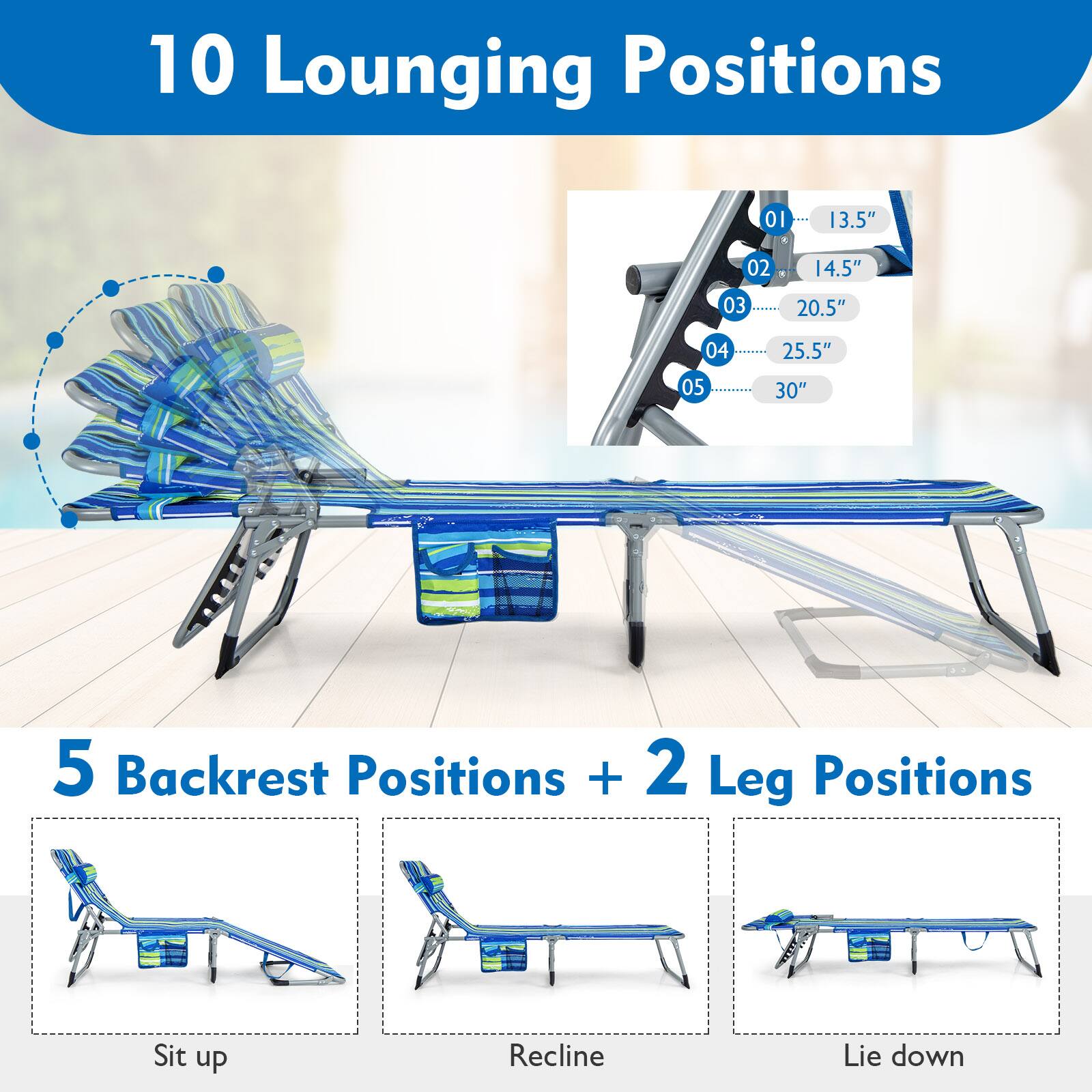 10 Lounging Positions
01 13.5"
02 14.5"
03 20.5"
04 25.5"
05 30"
5 Backrest Positions + 2 Leg Positions
Sit up
Recline
Lie down