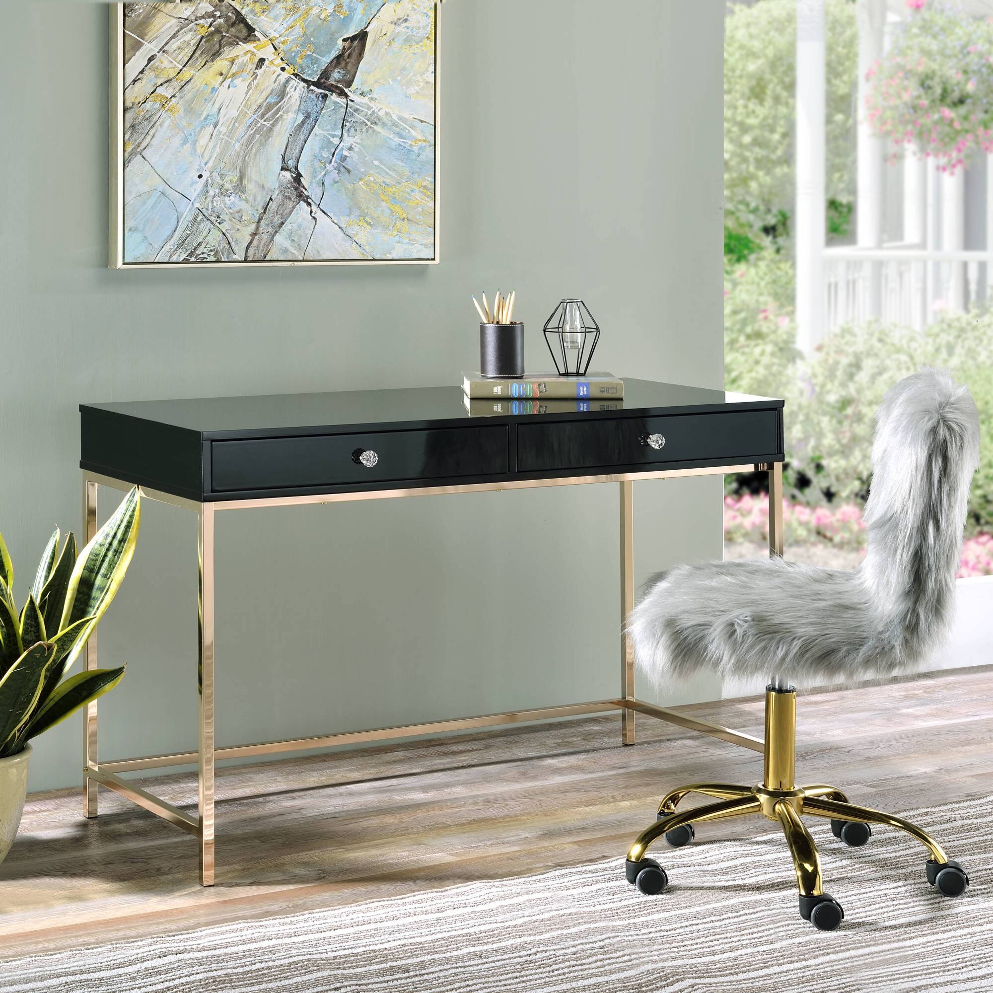 GOODSILO - Contemporary High Gloss Writing Desk with Metal Base and Two Storage Drawers for Modern Office - Black