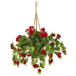 BreeBe - 27" Geranium Artificial Plant in Hanging Basket - Red,Green