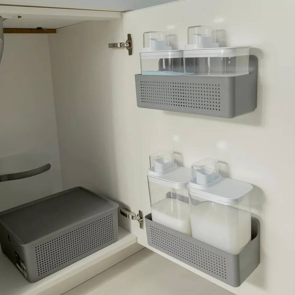 Alt View 3. OU - Laundry Detergent Dispenser & Wall Rack Set, 2‑Pack 77 oz Soap Dispensers with Measuring Cap & Hanging Storage Organizer - Dark Gray.