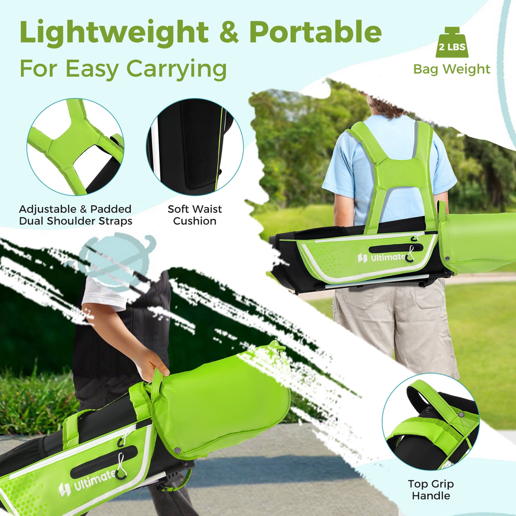 Lightweight & Portable  
For Easy Carrying  

Adjustable & Padded Dual Shoulder Straps  
Soft Waist Cushion  
Top Grip Handle  

2 LBS  
Bag Weight