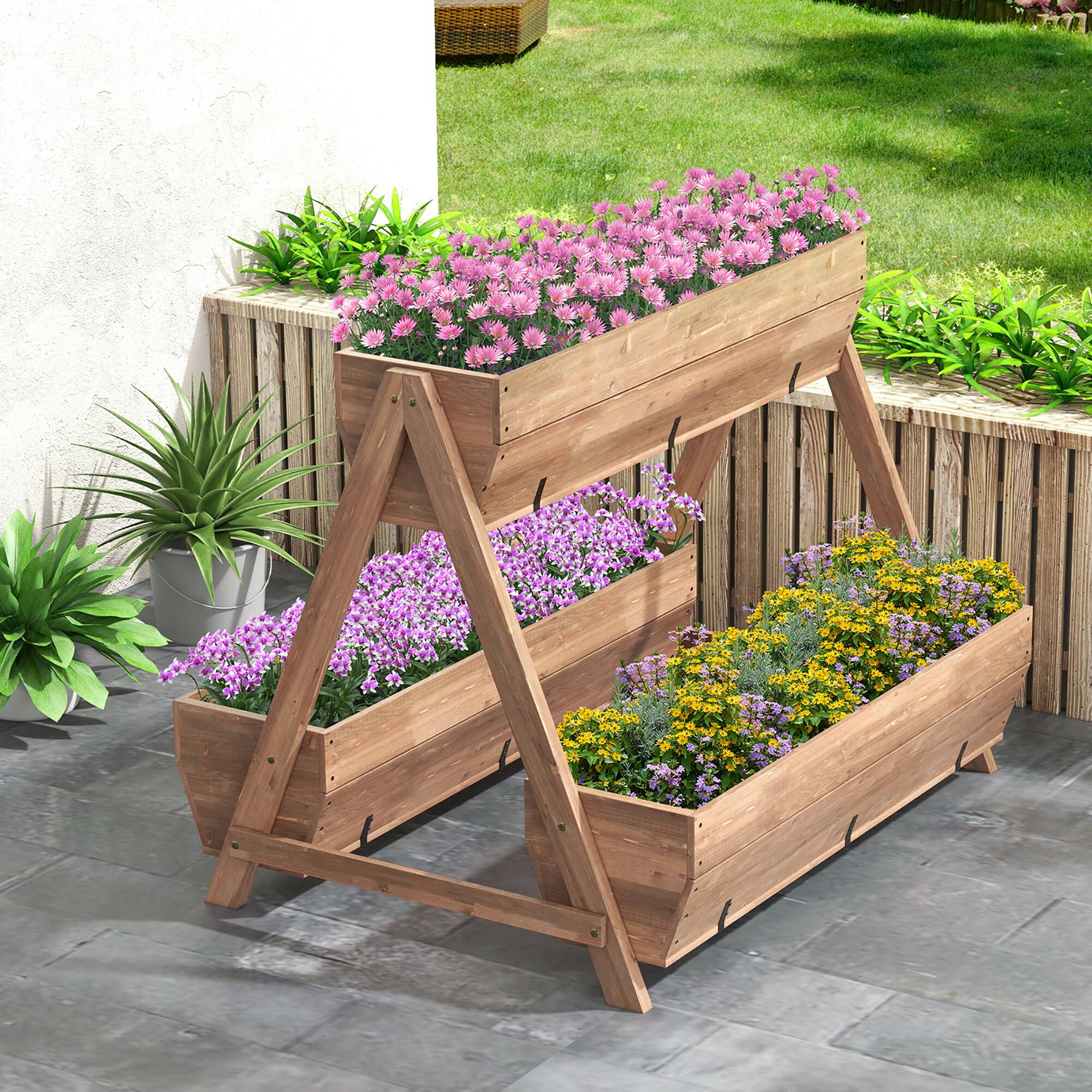 Alt View 3. Gymax - Gymax Vertical Raised Garden Bed Wood Tiered Plant Stand w/ 3 Planter Containers - Brown.