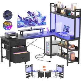 Aheaplus - L Shaped Desk with Hutch, 58.7'' Long Gaming Desk with 3 Fabric Drawers, LED Lights & Power Outlets, Reversible - Black