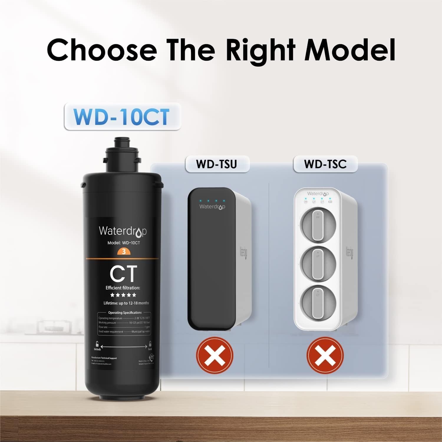 Choose The Right Model WD-10CT WD-TSU WD-TSC

Waterdrop Model WD-10CT
3 C Efficient Filtration: Lifetime up to 12-18 months
Operating Specifications: