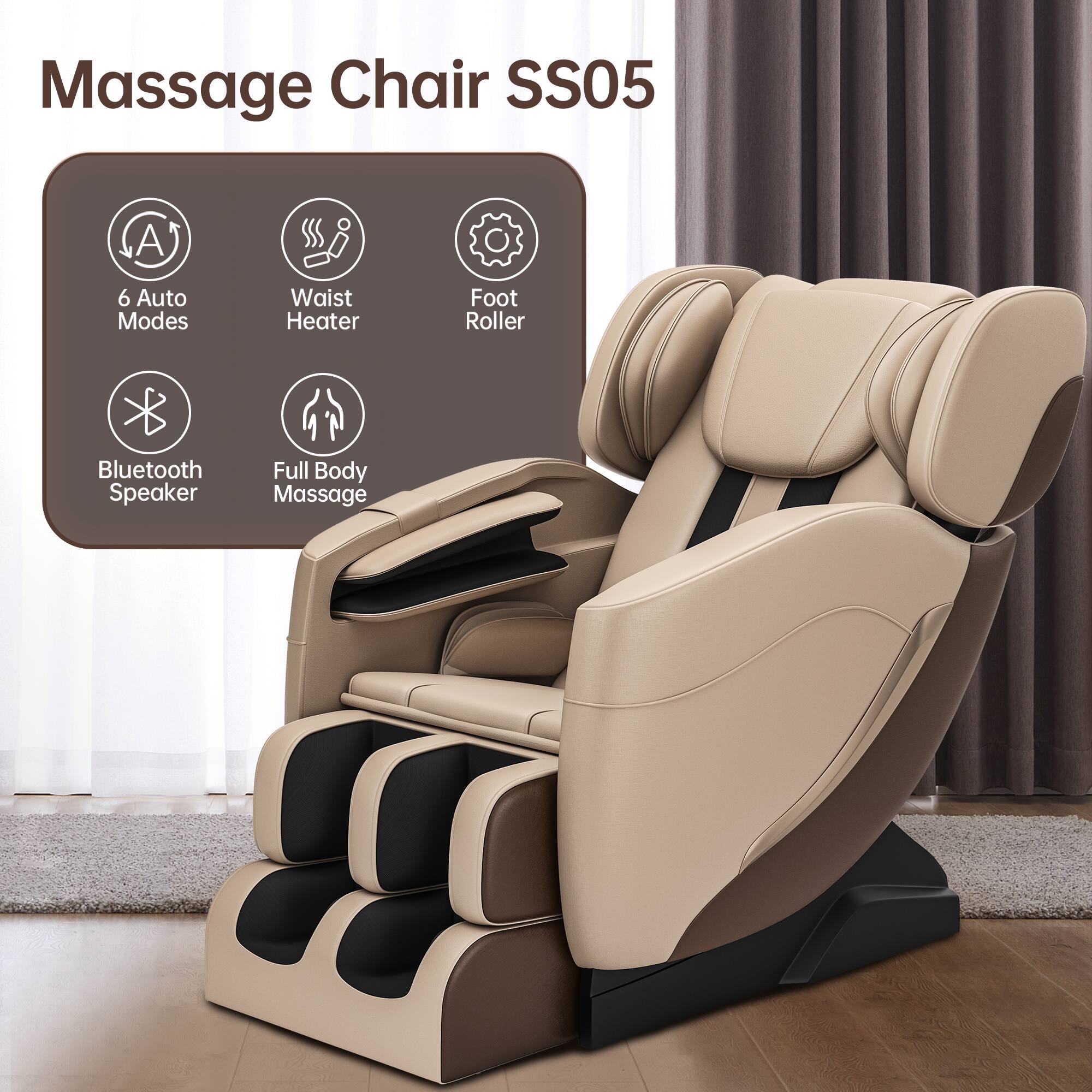 Massage Chair SS05

- 6 Auto Modes
- Waist Heater
- Foot Roller
- Bluetooth Speaker
- Full Body Massage