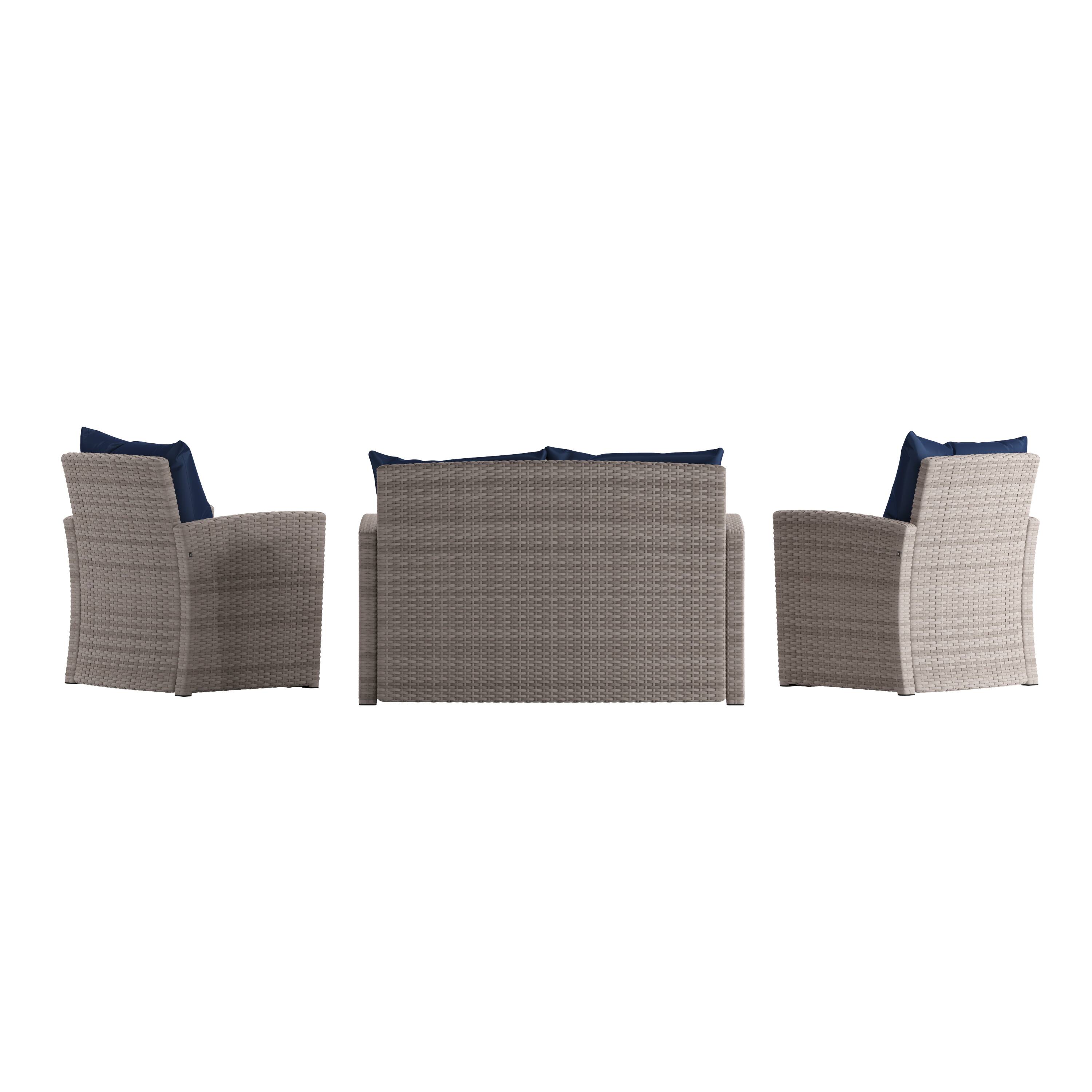 Alt View 8. Emma + Oliver - 4 Piece Patio Set with Gray Back Pillows & Seat Cushions - Outdoor Seating - Navy Cushions/Light Gray Frame.