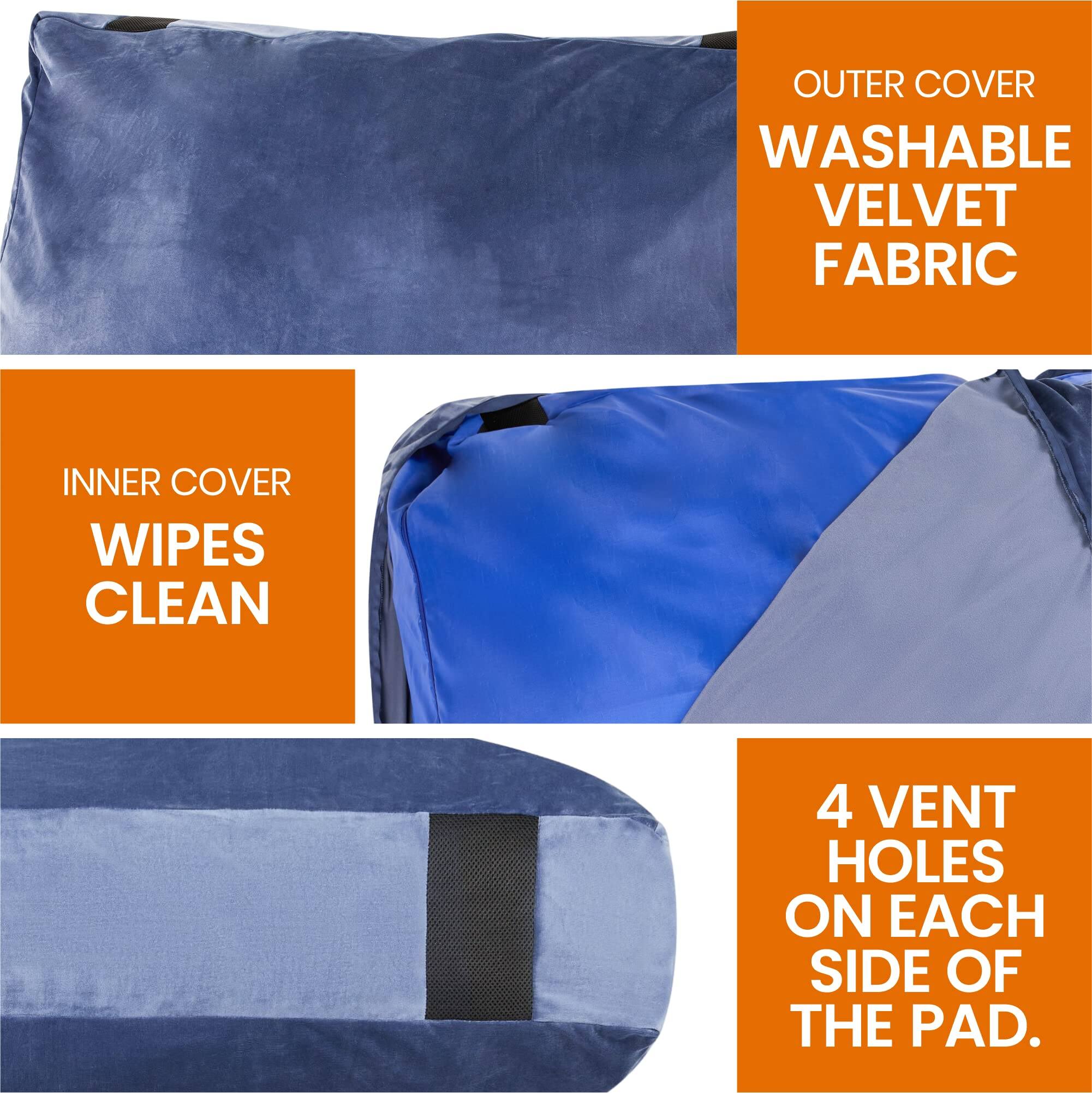OUTER COVER WASHABLE VELVET FABRIC  
INNER COVER WIPES CLEAN  
4 VENT HOLES ON EACH SIDE OF THE PAD.