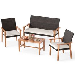Costway - 4 PCS Patio Furniture Set with Acacia Wood Coffee Table & Soft Cushions for Garden - Mix Brown