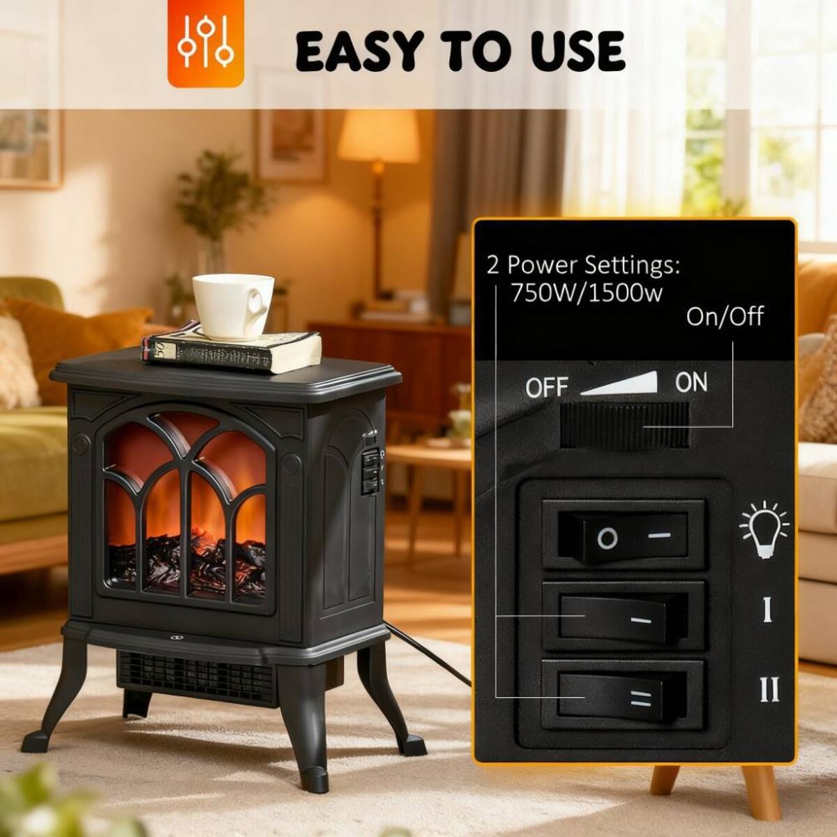 EASY TO USE

2 Power Settings: 750W/1500W On/Off

OFF ON

I II