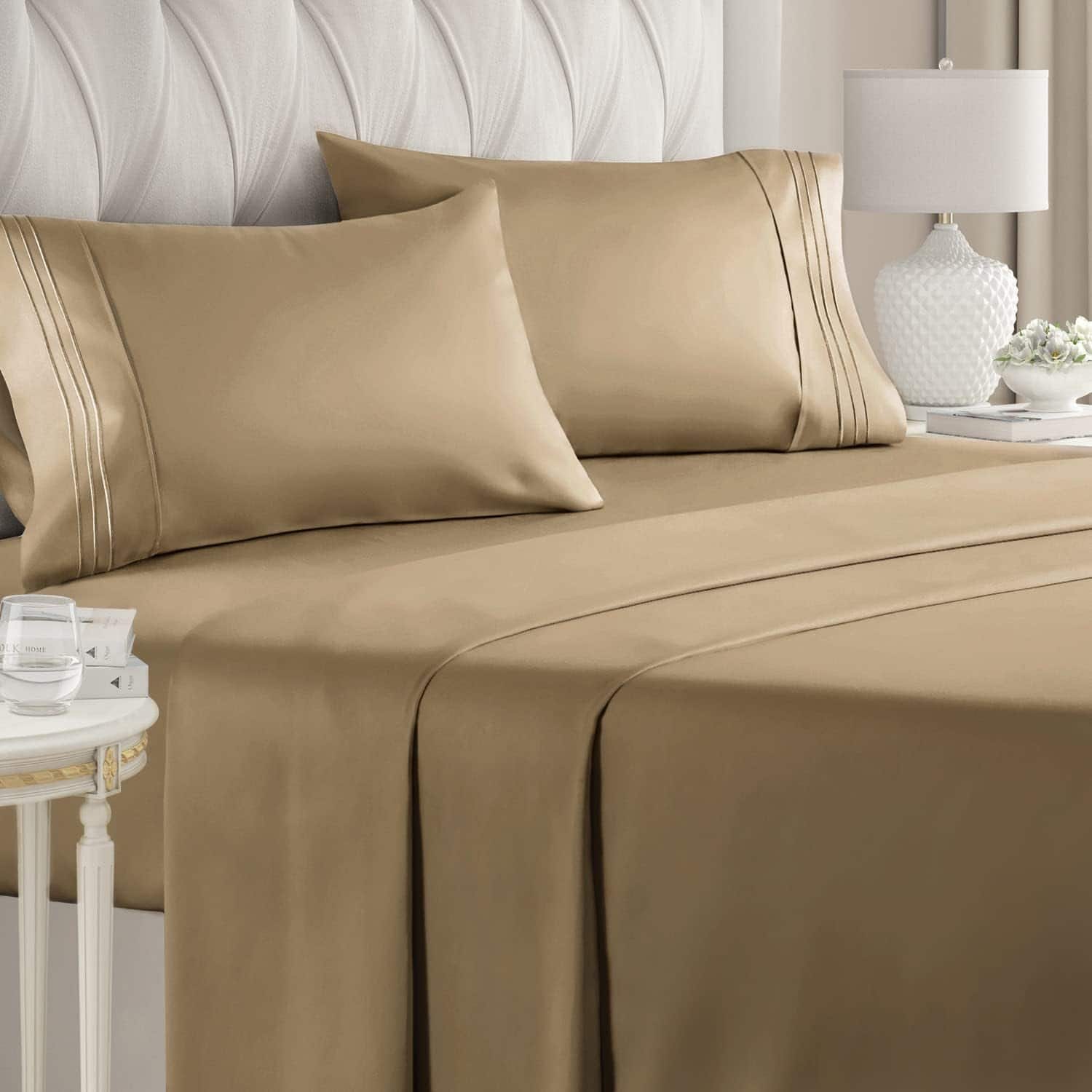 Front. CGK Linens - Luxury Soft 4 Piece Solid Bed Sheet Set - Deep Pocket Fits 8"-16" Mattresses - Queen - Beige.