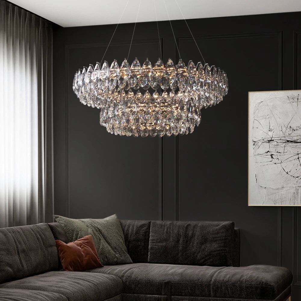 Angle. Siljoy - Crystal Dual Tier Water Drop Chandelier - Chrome.