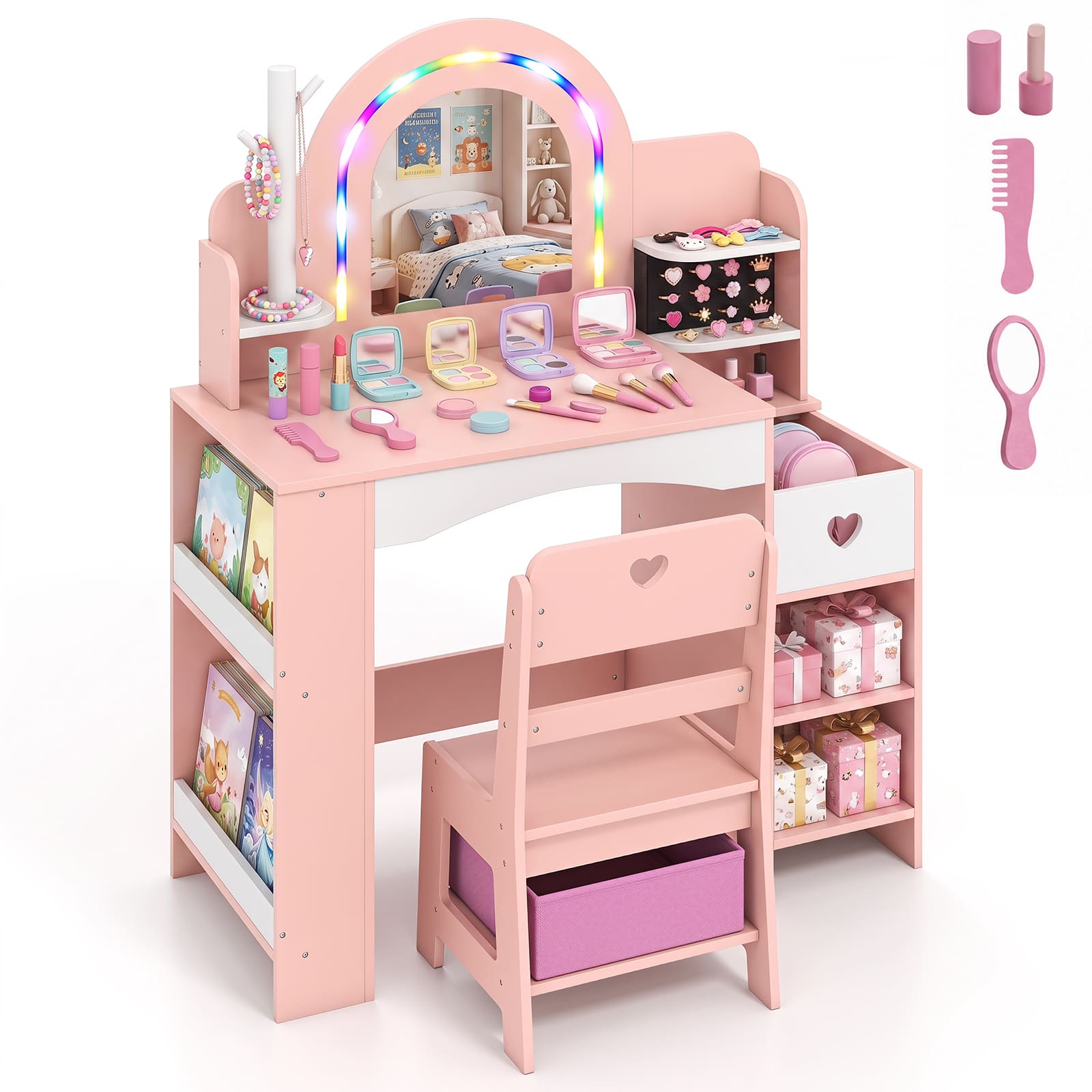 Costway - Kids Vanity Set with Colorful LED Lights Jewelry Stand Storage Shelves Ring Slots - Pink